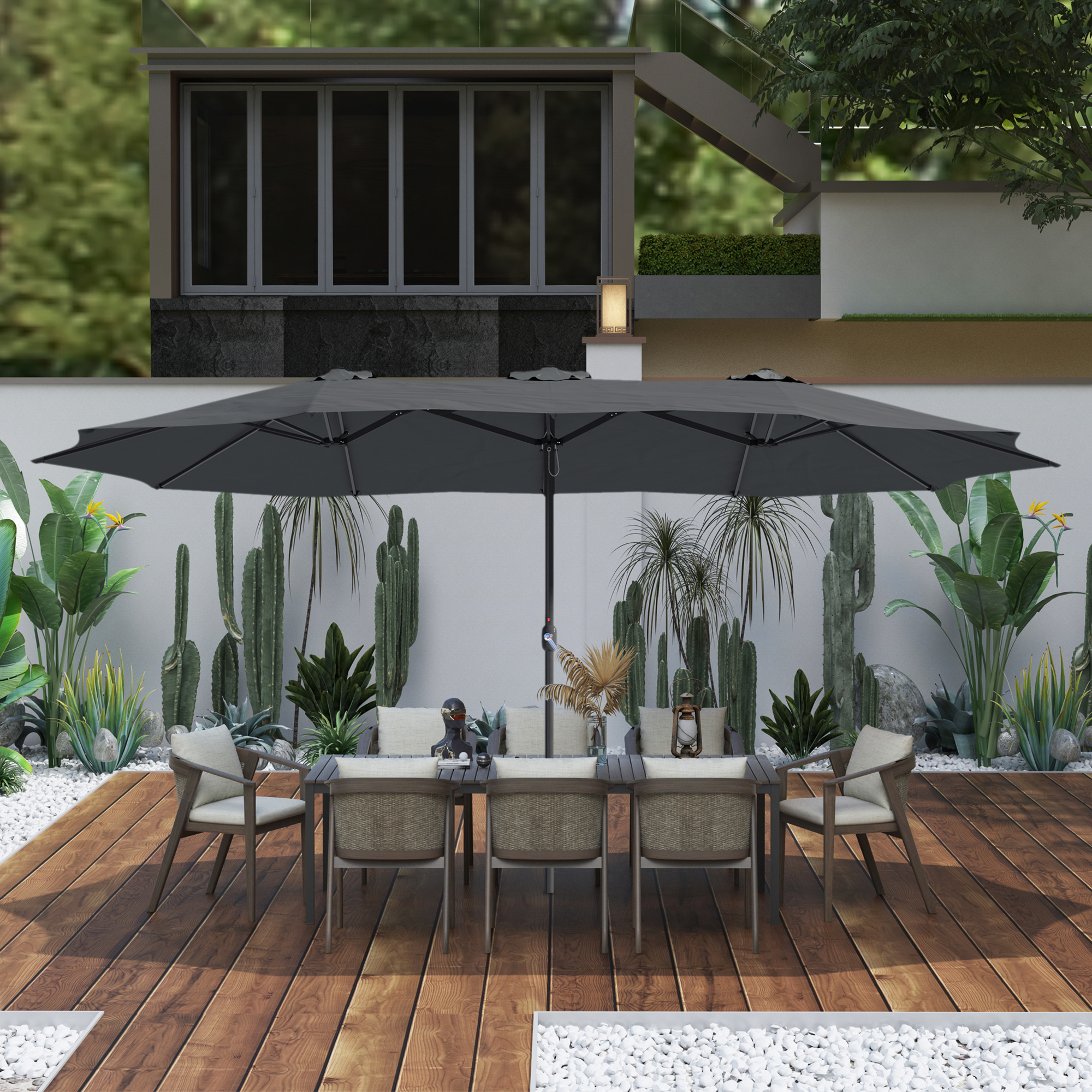 15ft Patio Steel Rectangular Double-Sided Market Umbrella With Base, Classic Design or Solar LED Lights Options,UV Sun Protection & Easy Crank for Deck Pool Patio.