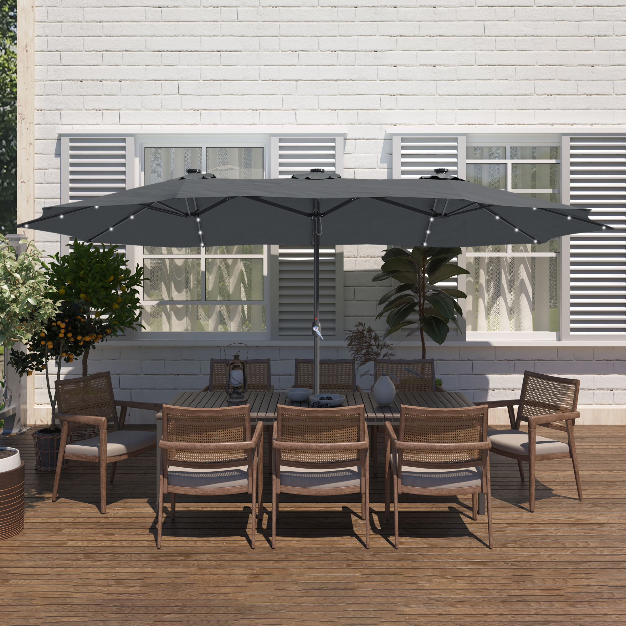 15ft Patio Steel Rectangular Double-Sided Market Umbrella With Base, Classic Design or Solar LED Lights Options,UV Sun Protection & Easy Crank for Deck Pool Patio.