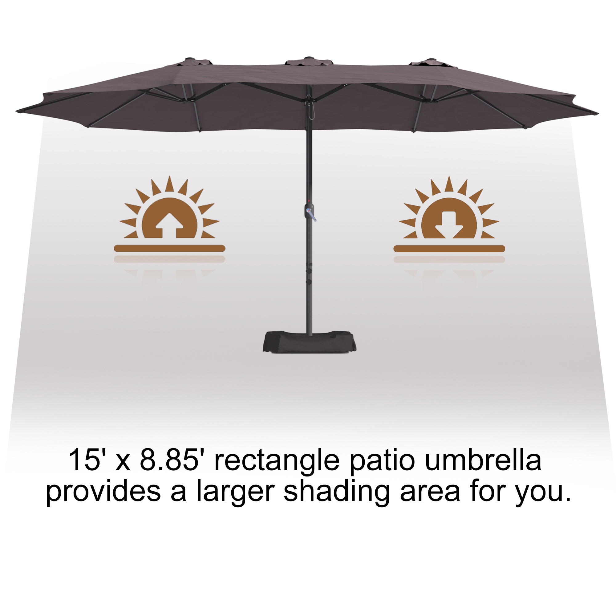 15ft Patio Steel Rectangular Double-Sided Market Umbrella With Base, Classic Design or Solar LED Lights Options,UV Sun Protection & Easy Crank for Deck Pool Patio.