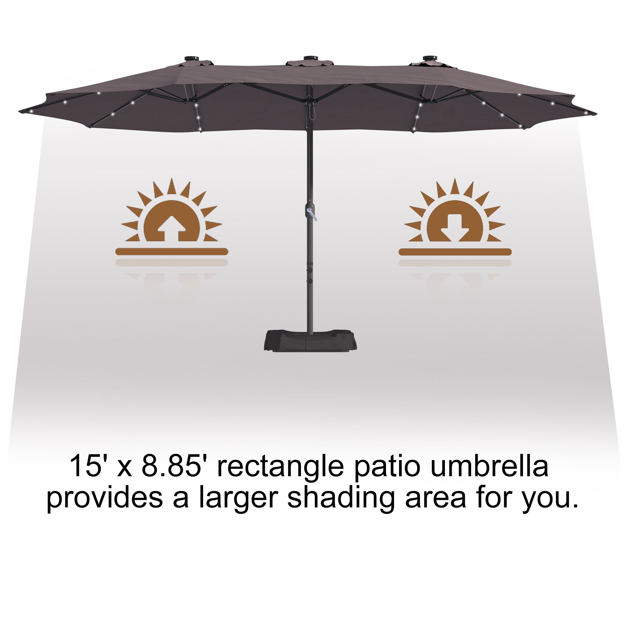 15ft Patio Steel Rectangular Double-Sided Market Umbrella With Base, Classic Design or Solar LED Lights Options,UV Sun Protection & Easy Crank for Deck Pool Patio.