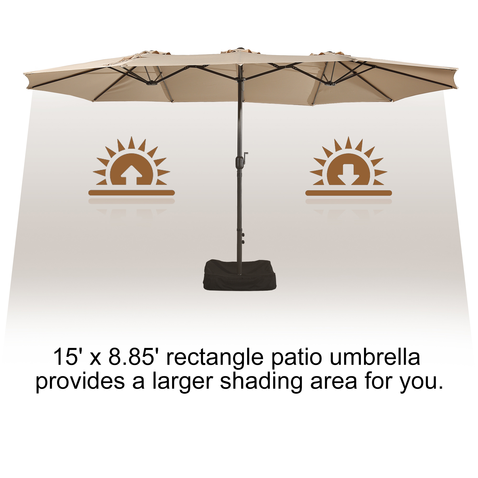 15ft Patio Steel Rectangular Double-Sided Market Umbrella With Base, Classic Design or Solar LED Lights Options,UV Sun Protection & Easy Crank for Deck Pool Patio.