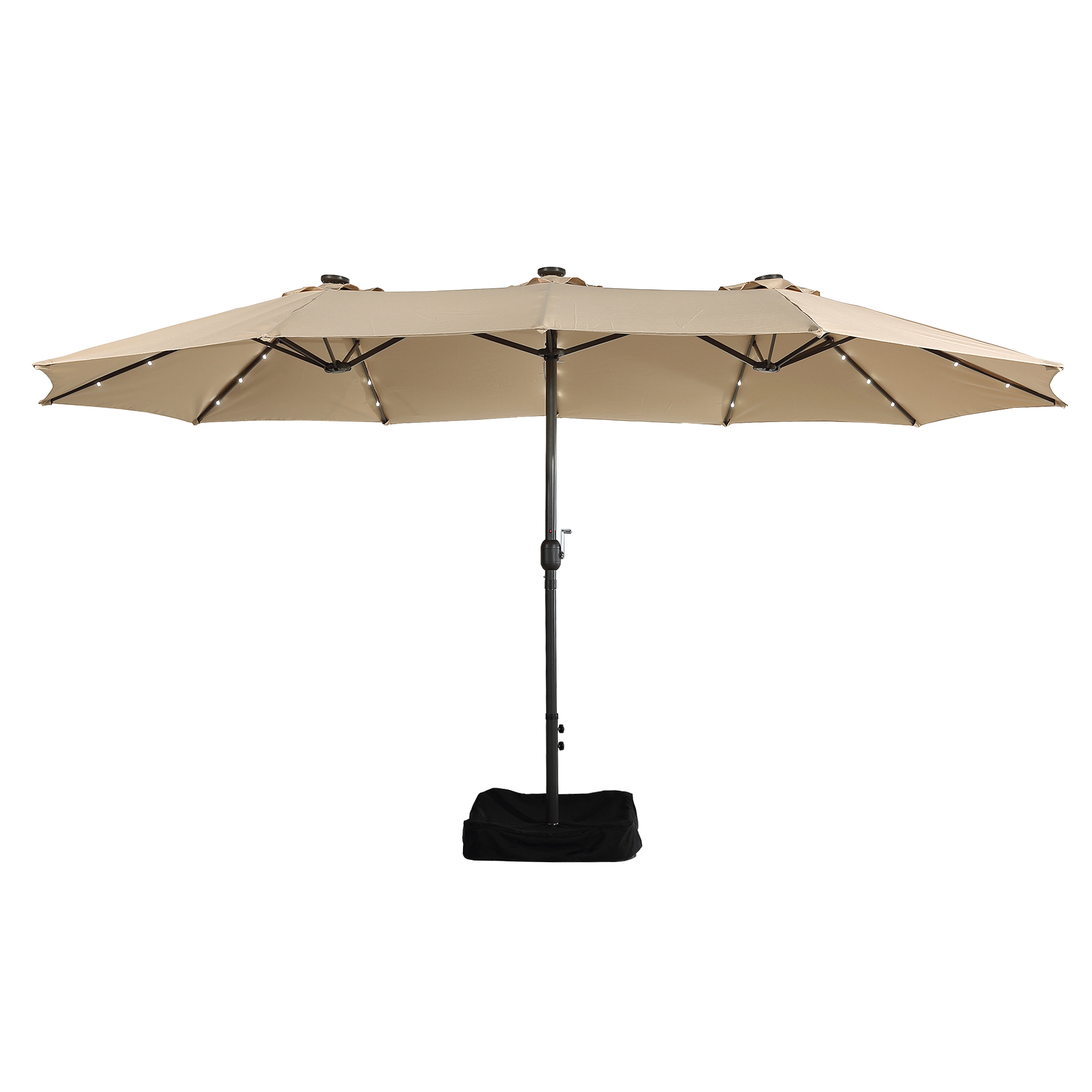 15ft Patio Steel Rectangular Double-Sided Market Umbrella With Base, Classic Design or Solar LED Lights Options,UV Sun Protection & Easy Crank for Deck Pool Patio.