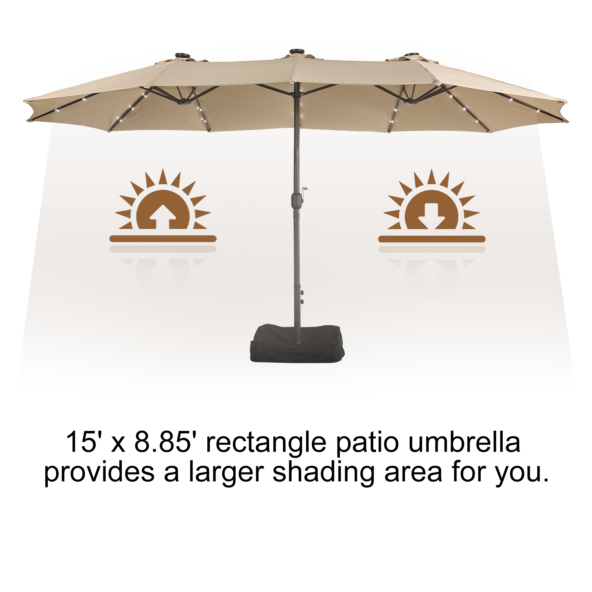 15ft Patio Steel Rectangular Double-Sided Market Umbrella With Base, Classic Design or Solar LED Lights Options,UV Sun Protection & Easy Crank for Deck Pool Patio.
