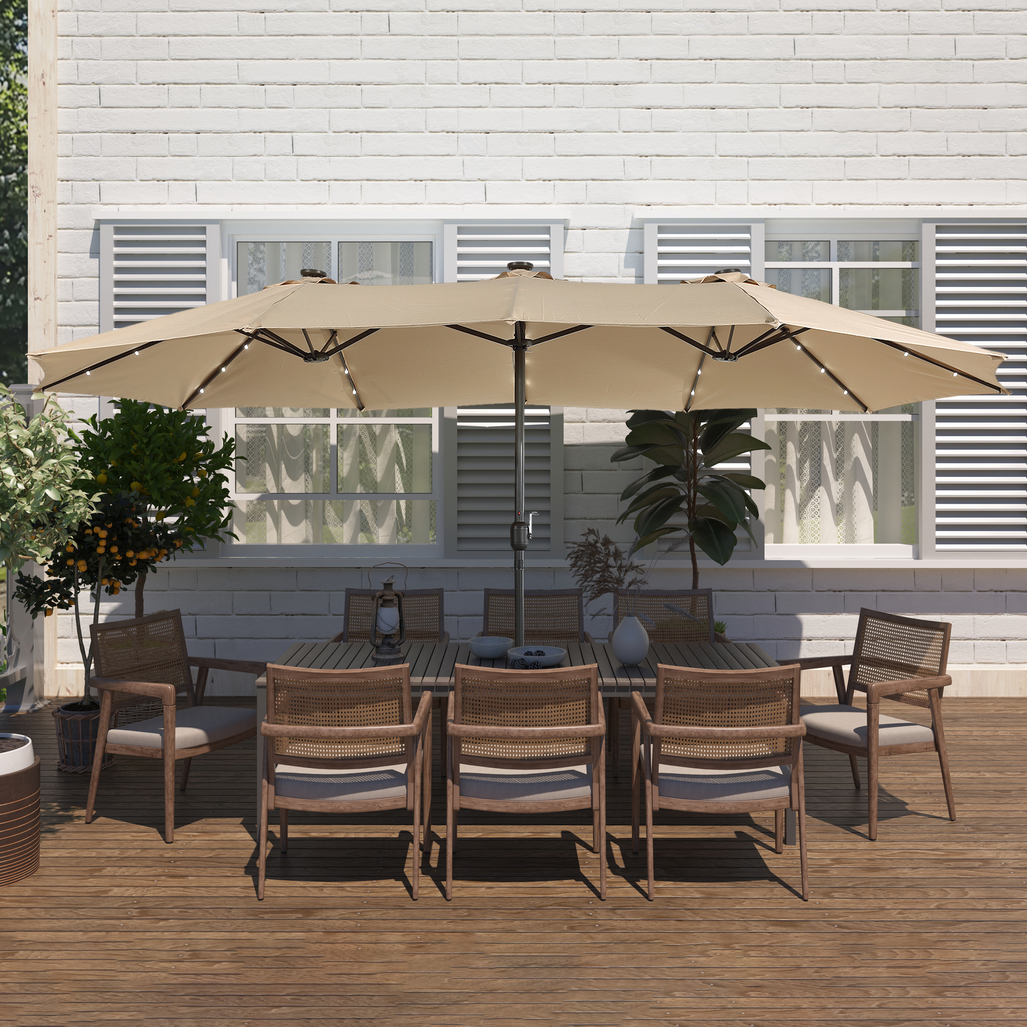 15ft Patio Steel Rectangular Double-Sided Market Umbrella With Base, Classic Design or Solar LED Lights Options,UV Sun Protection & Easy Crank for Deck Pool Patio.