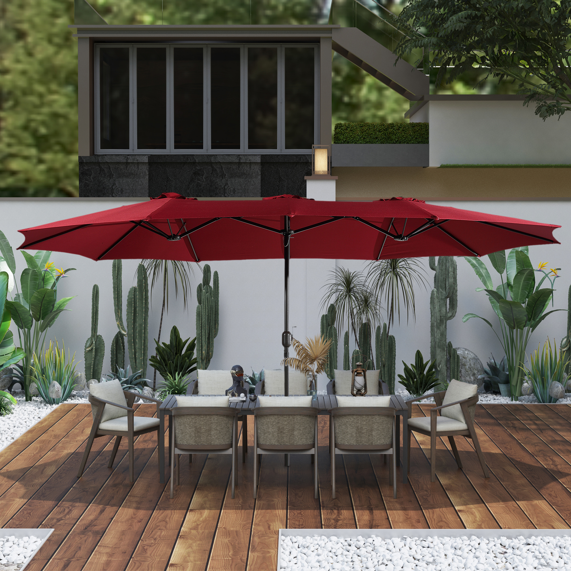 15ft Patio Steel Rectangular Double-Sided Market Umbrella With Base, Classic Design or Solar LED Lights Options,UV Sun Protection & Easy Crank for Deck Pool Patio.