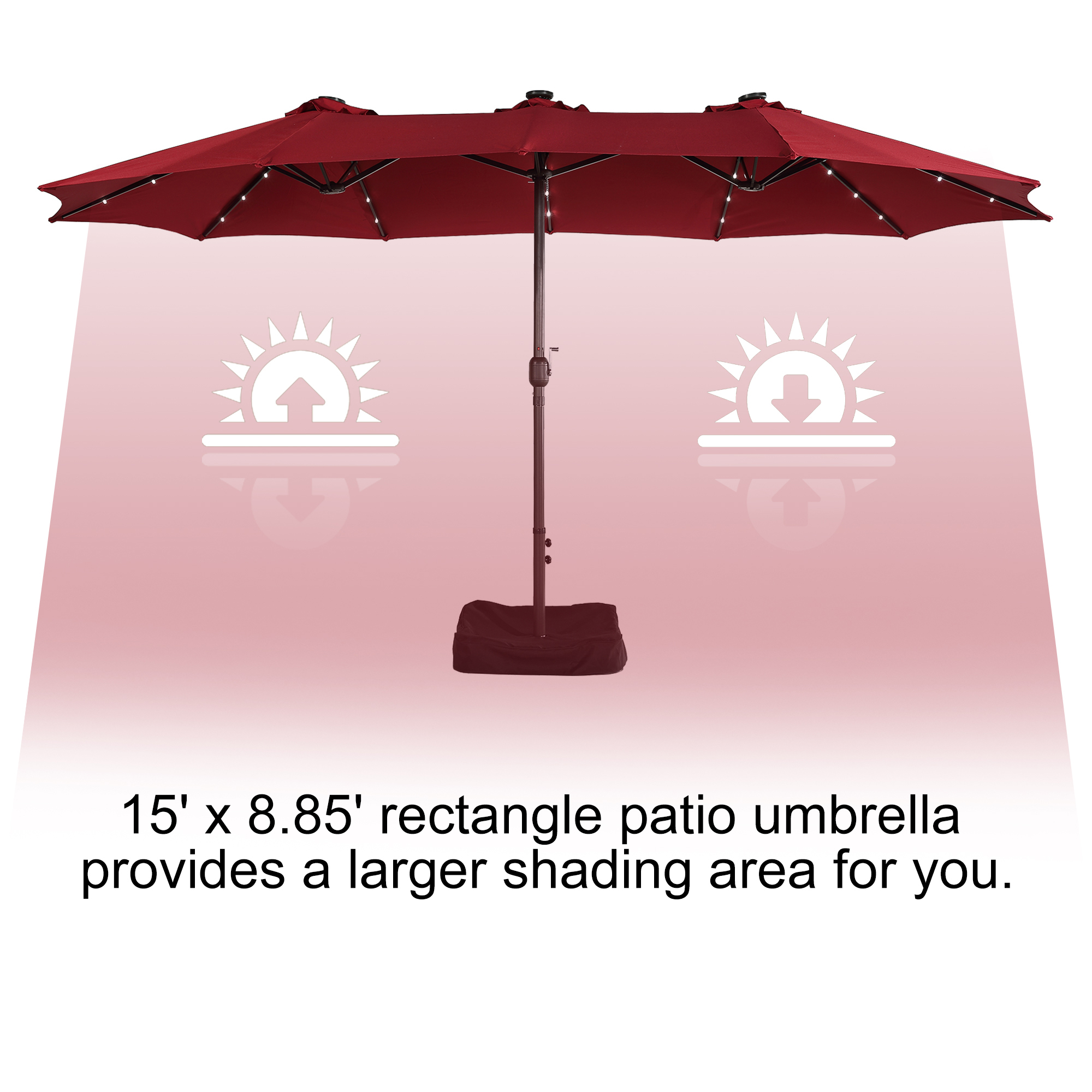 15ft Patio Steel Rectangular Double-Sided Market Umbrella With Base, Classic Design or Solar LED Lights Options,UV Sun Protection & Easy Crank for Deck Pool Patio.
