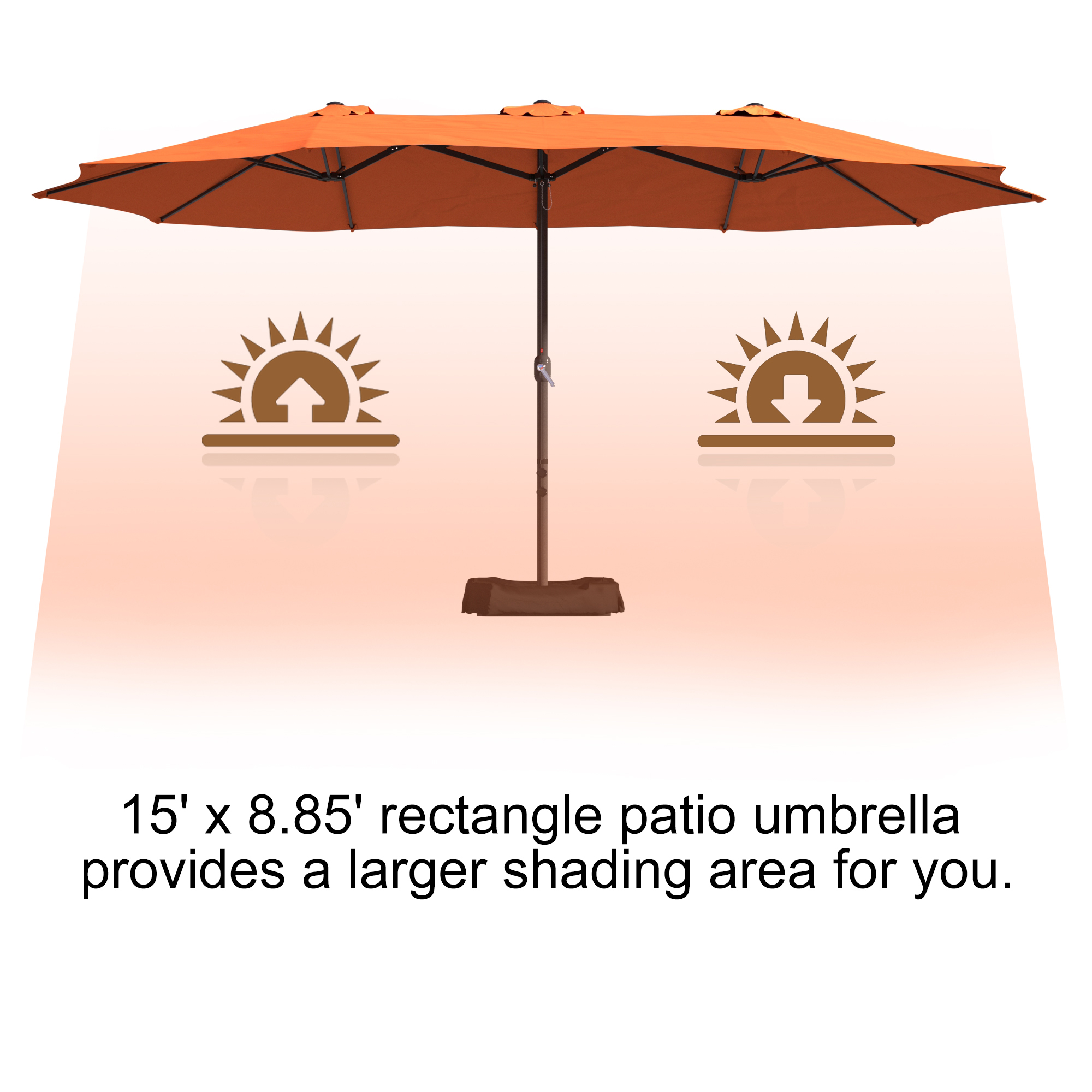 15ft Patio Steel Rectangular Double-Sided Market Umbrella With Base, Classic Design or Solar LED Lights Options,UV Sun Protection & Easy Crank for Deck Pool Patio.