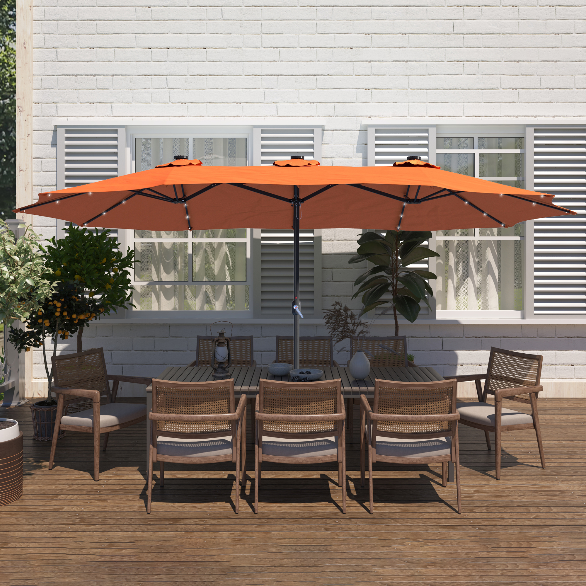 15ft Patio Steel Rectangular Double-Sided Market Umbrella With Base, Classic Design or Solar LED Lights Options,UV Sun Protection & Easy Crank for Deck Pool Patio.