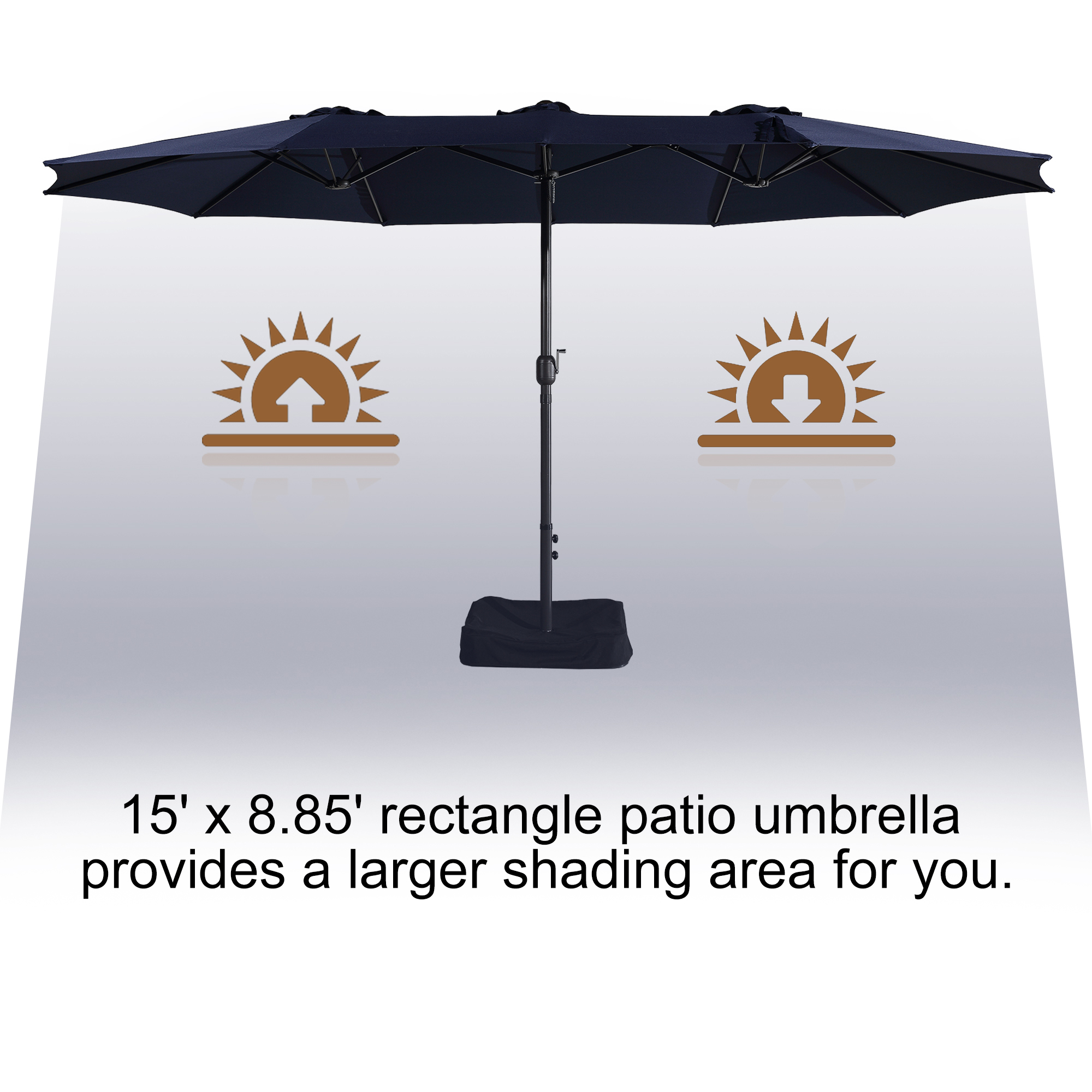 15ft Patio Steel Rectangular Double-Sided Market Umbrella With Base, Classic Design or Solar LED Lights Options,UV Sun Protection & Easy Crank for Deck Pool Patio.