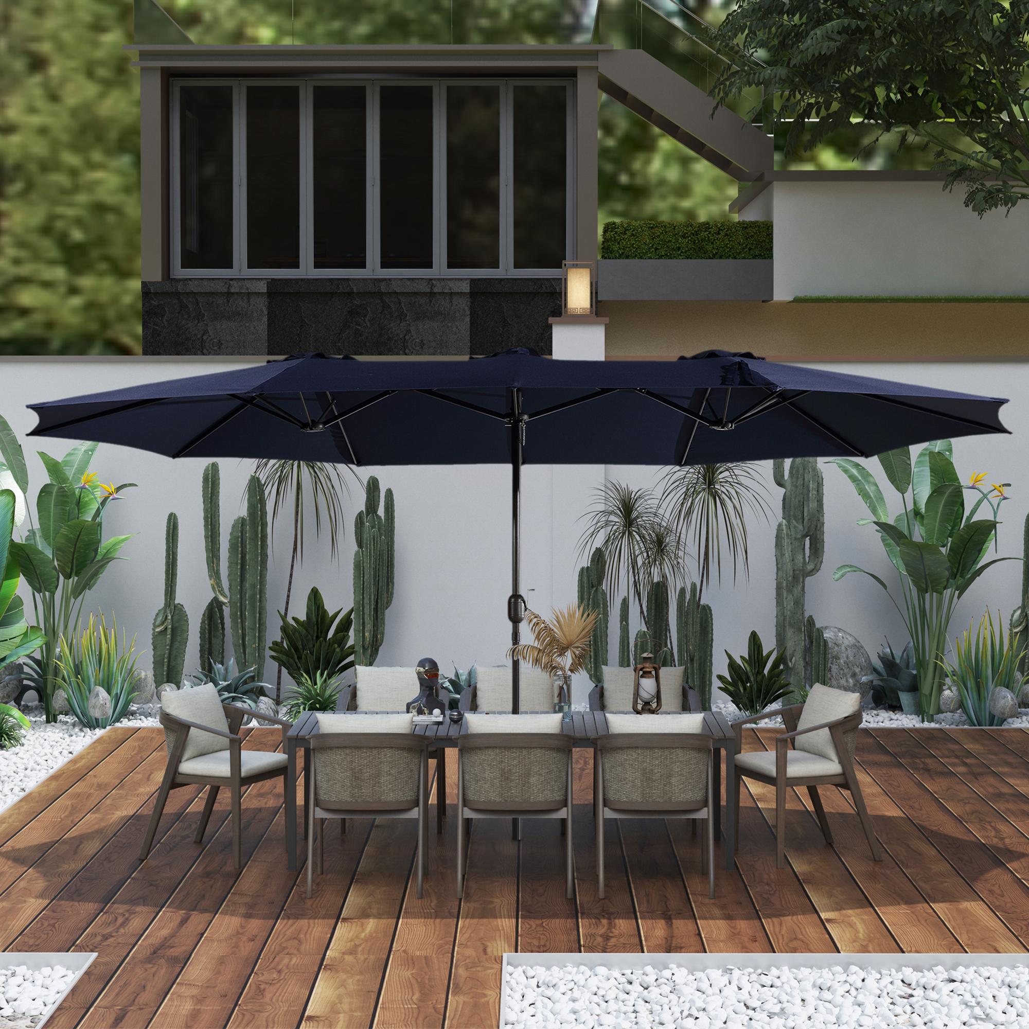 15ft Patio Steel Rectangular Double-Sided Market Umbrella With Base, Classic Design or Solar LED Lights Options,UV Sun Protection & Easy Crank for Deck Pool Patio.