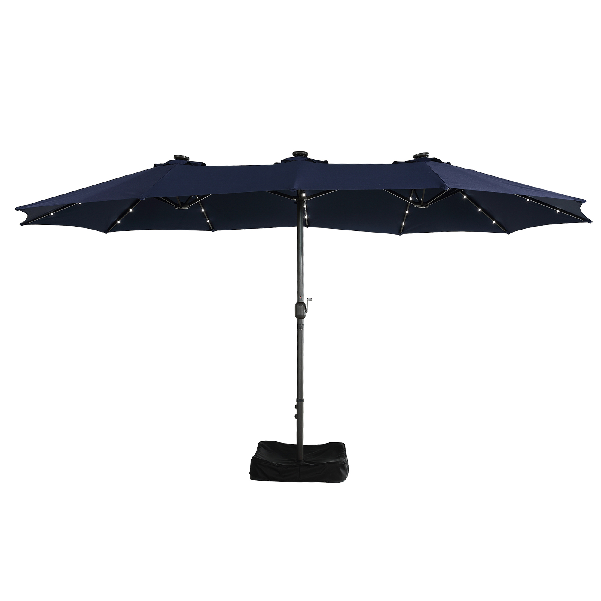 15ft Patio Steel Rectangular Double-Sided Market Umbrella With Base, Classic Design or Solar LED Lights Options,UV Sun Protection & Easy Crank for Deck Pool Patio.