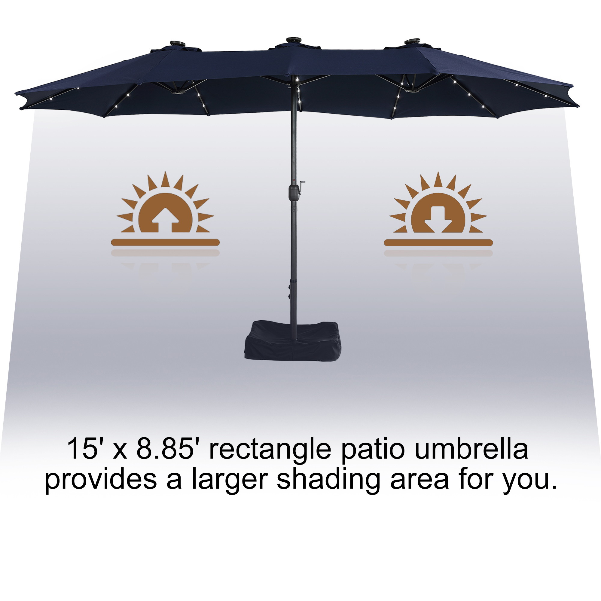 15ft Patio Steel Rectangular Double-Sided Market Umbrella With Base, Classic Design or Solar LED Lights Options,UV Sun Protection & Easy Crank for Deck Pool Patio.