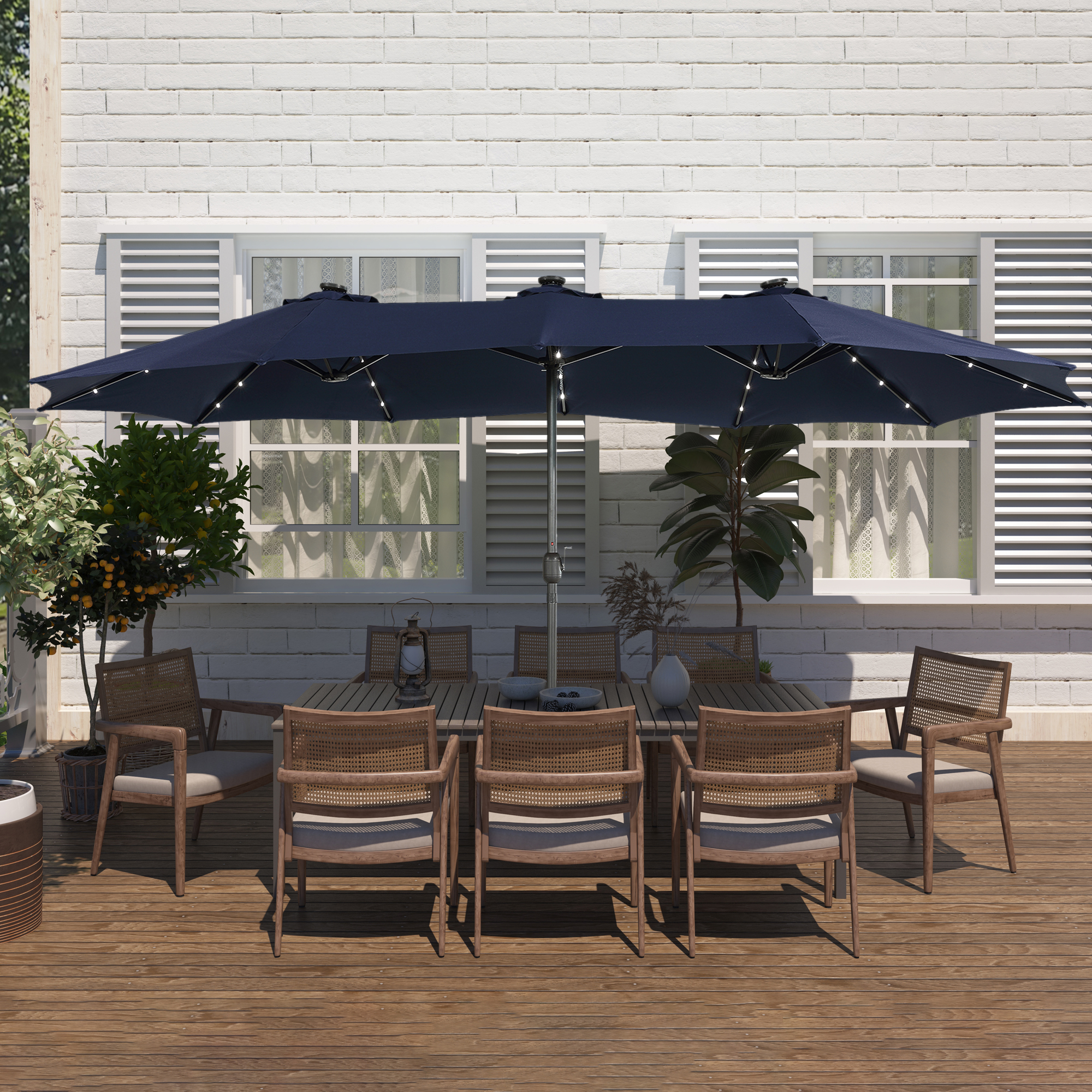 15ft Patio Steel Rectangular Double-Sided Market Umbrella With Base, Classic Design or Solar LED Lights Options,UV Sun Protection & Easy Crank for Deck Pool Patio.