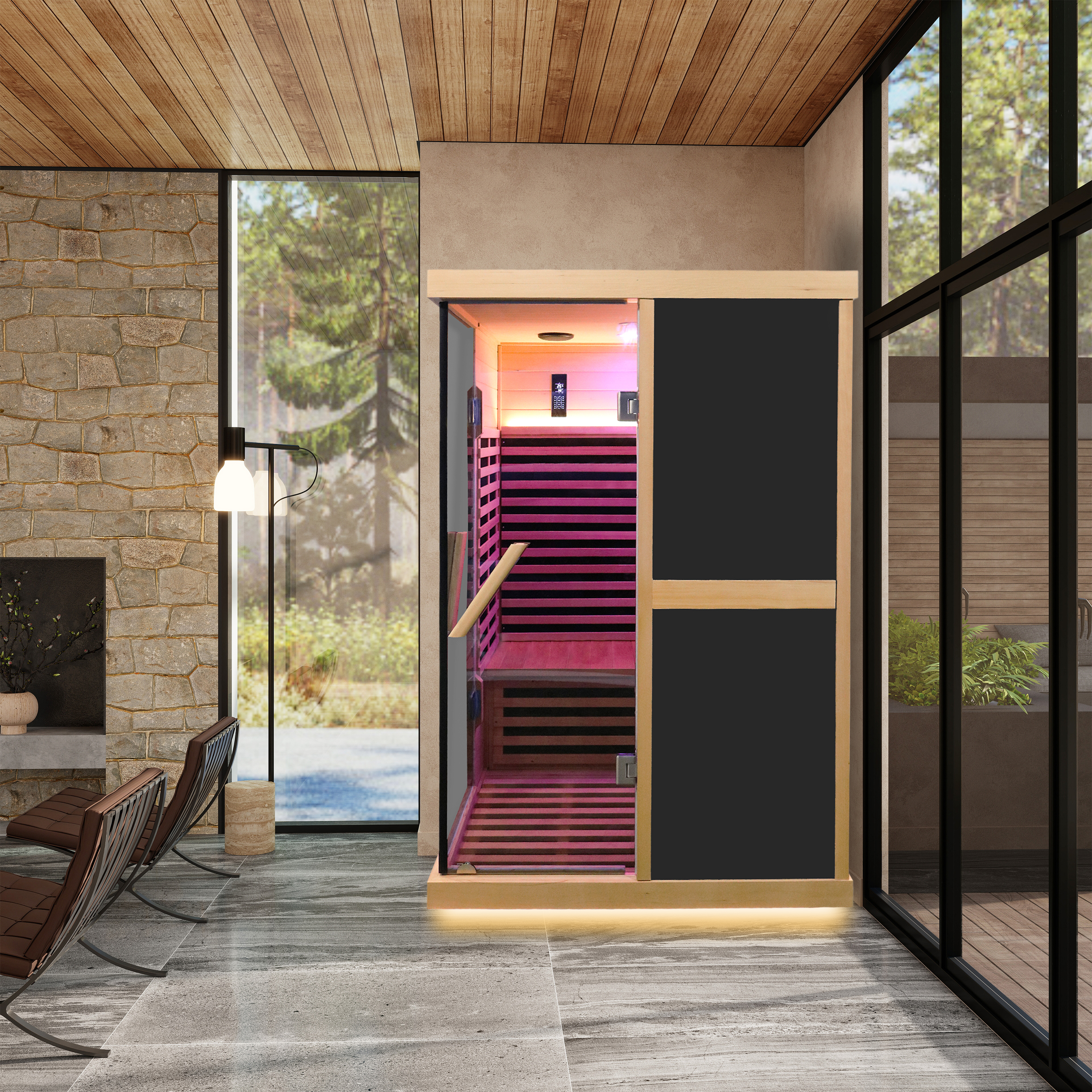 Hemlock Wood Double Person V-Shaped Infrared Sauna with Dual Glass Doors