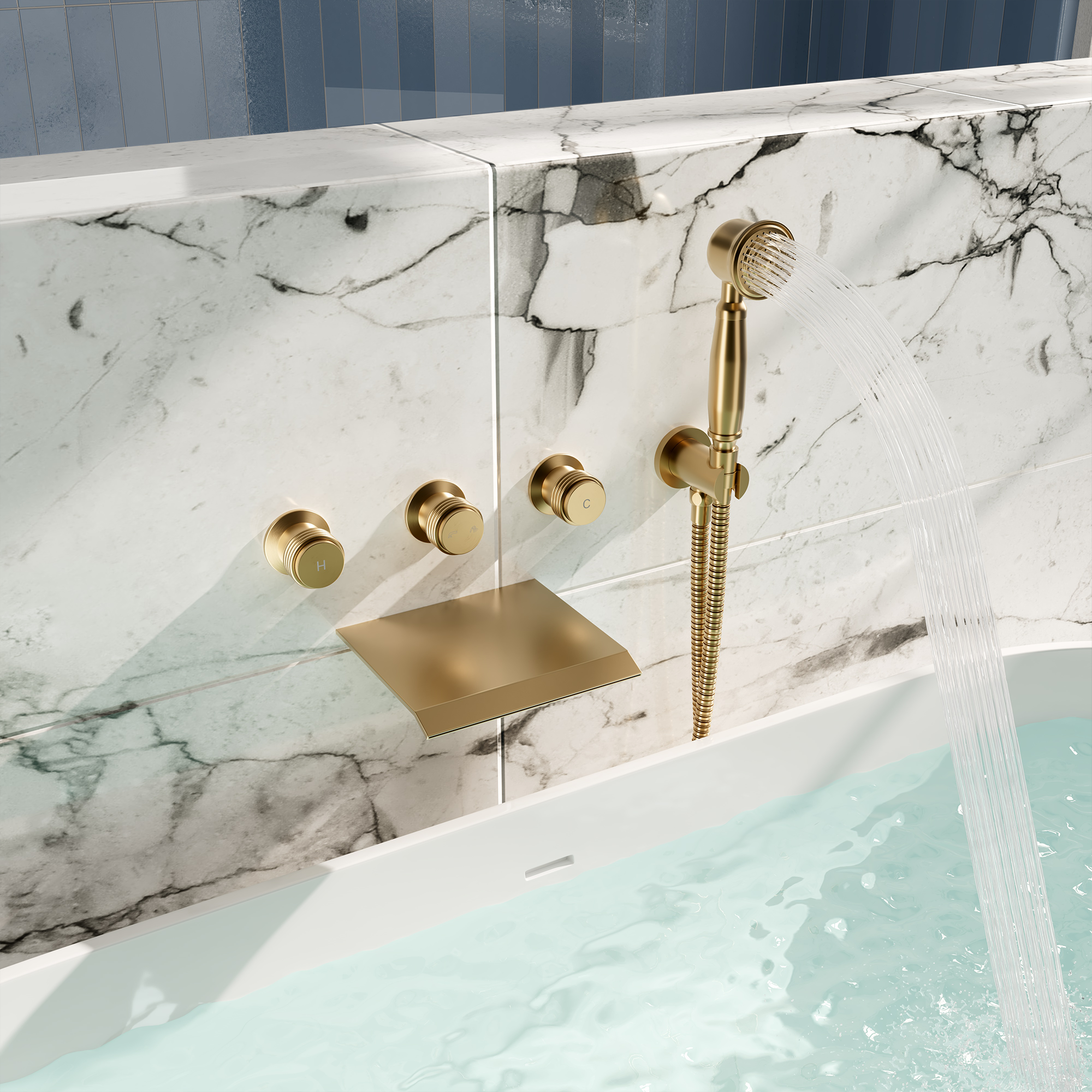 Wall-Mounted Waterfall Bathtub Faucet with Handheld Shower