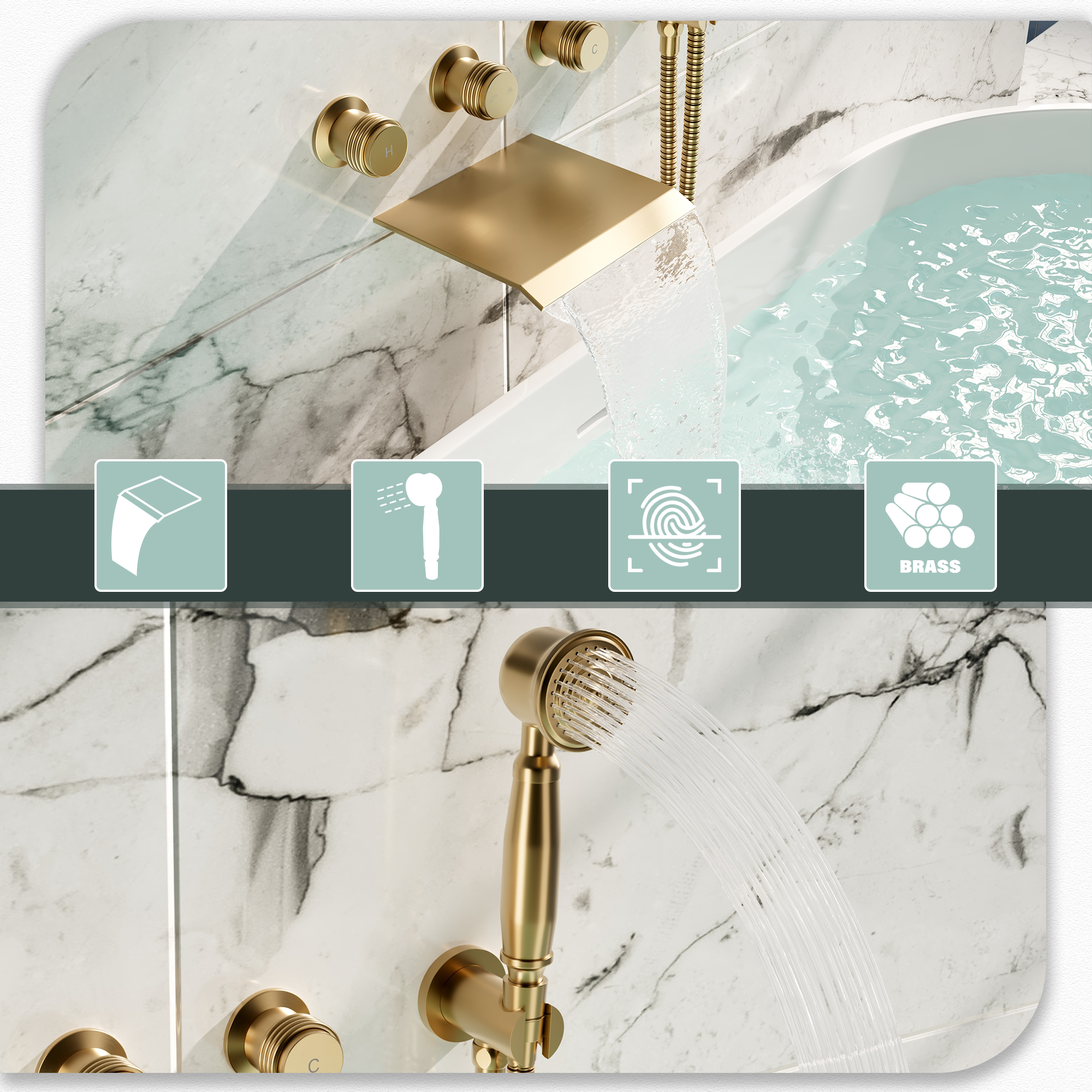 Wall-Mounted Waterfall Bathtub Faucet with Handheld Shower