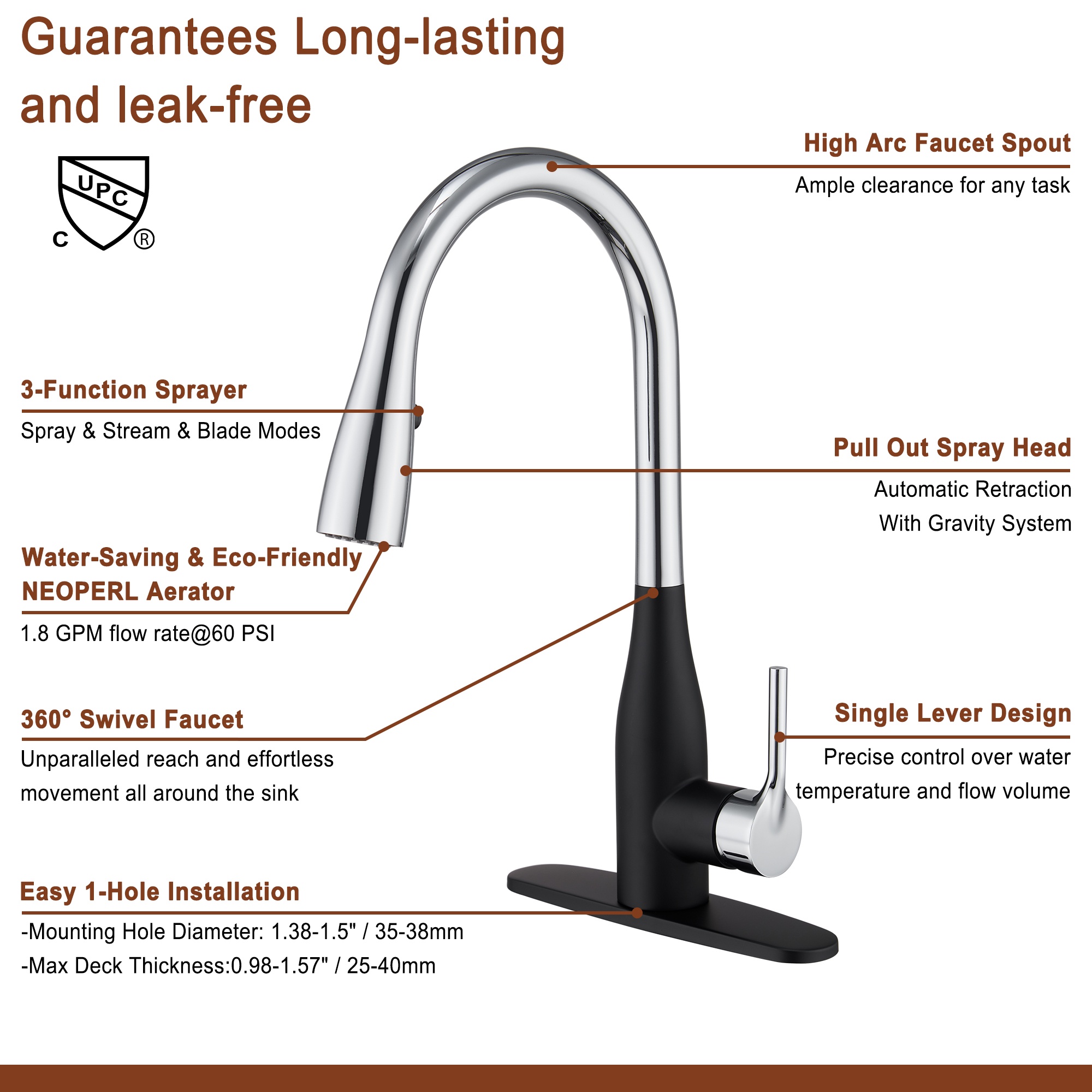 Pull Down Kitchen Faucet with Spray & Stream Modes Durable Finish