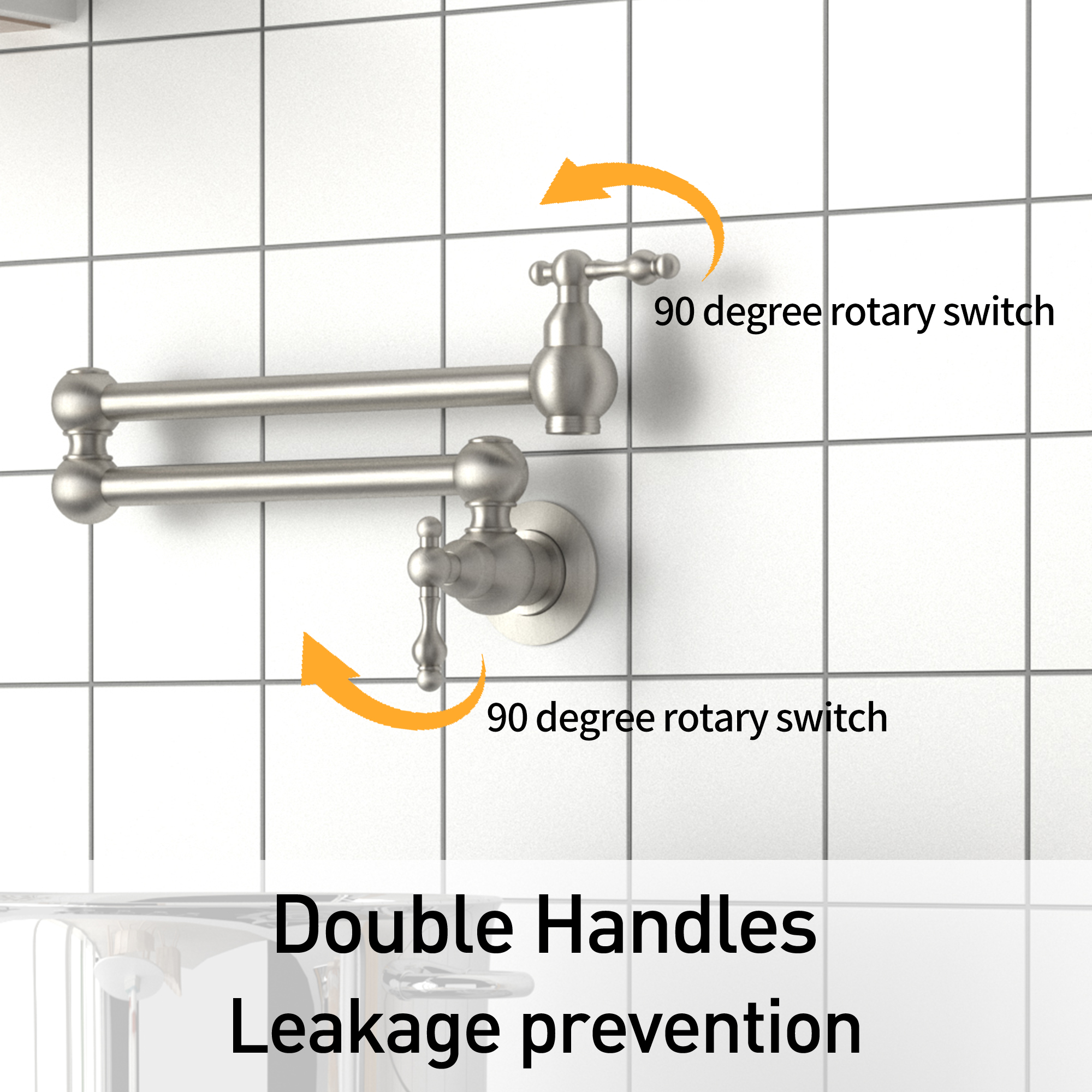 Wall Mounted Pot Filler Faucet with Double Handles, 360° Rotatable Folding Spout, Solid Brass Construction, Anti-Splash Aerator