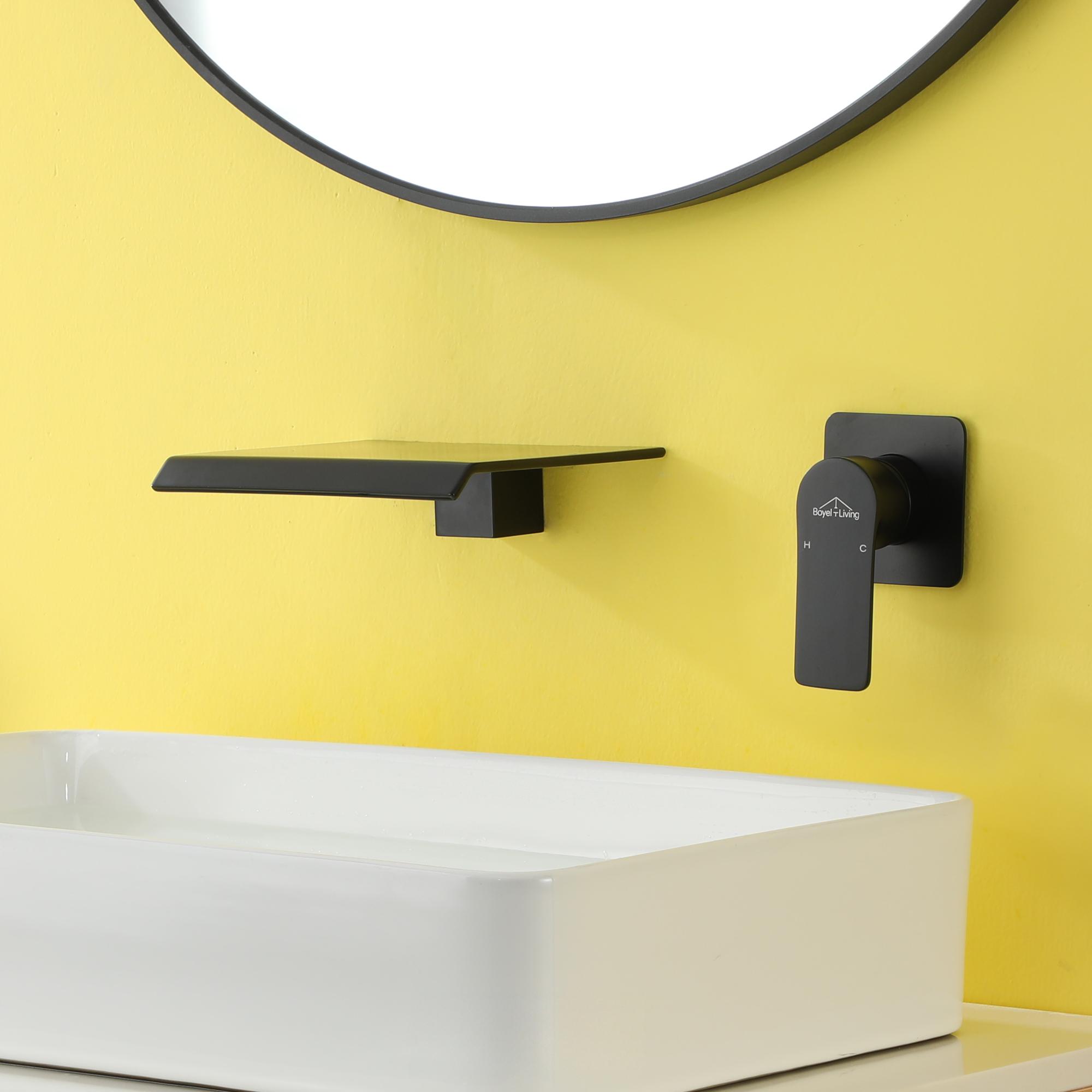 Wall Mounted Waterfall Bathroom Sink Faucet in Matte Black & Brushed Gold