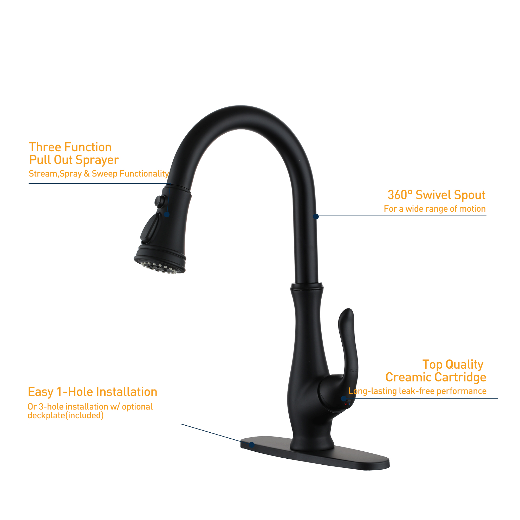 Pull Down Kitchen Faucet Single Handle with Blade Stream Modern Design Easy Installation Deck Plate Included