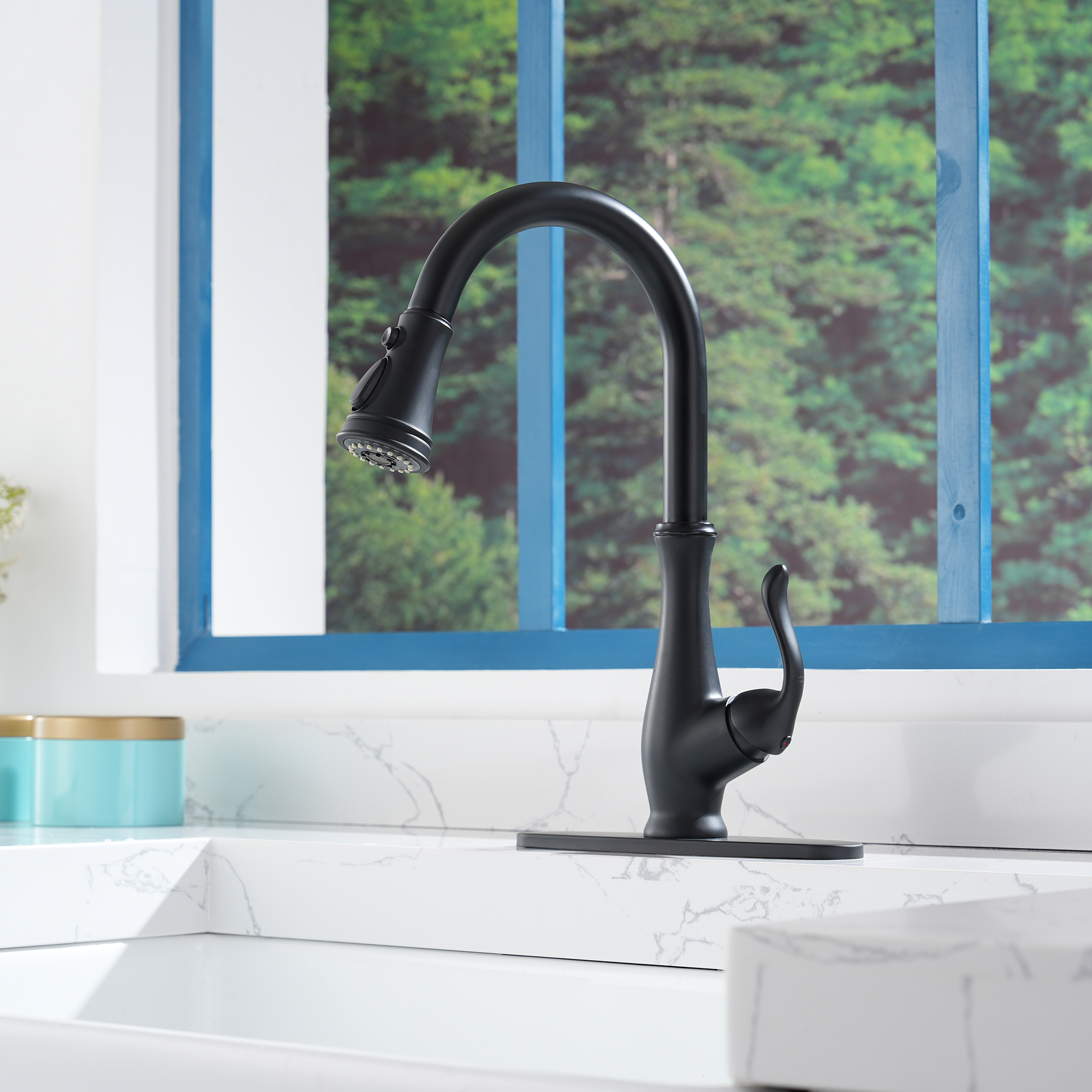 Pull Down Kitchen Faucet Single Handle with Blade Stream Modern Design Easy Installation Deck Plate Included