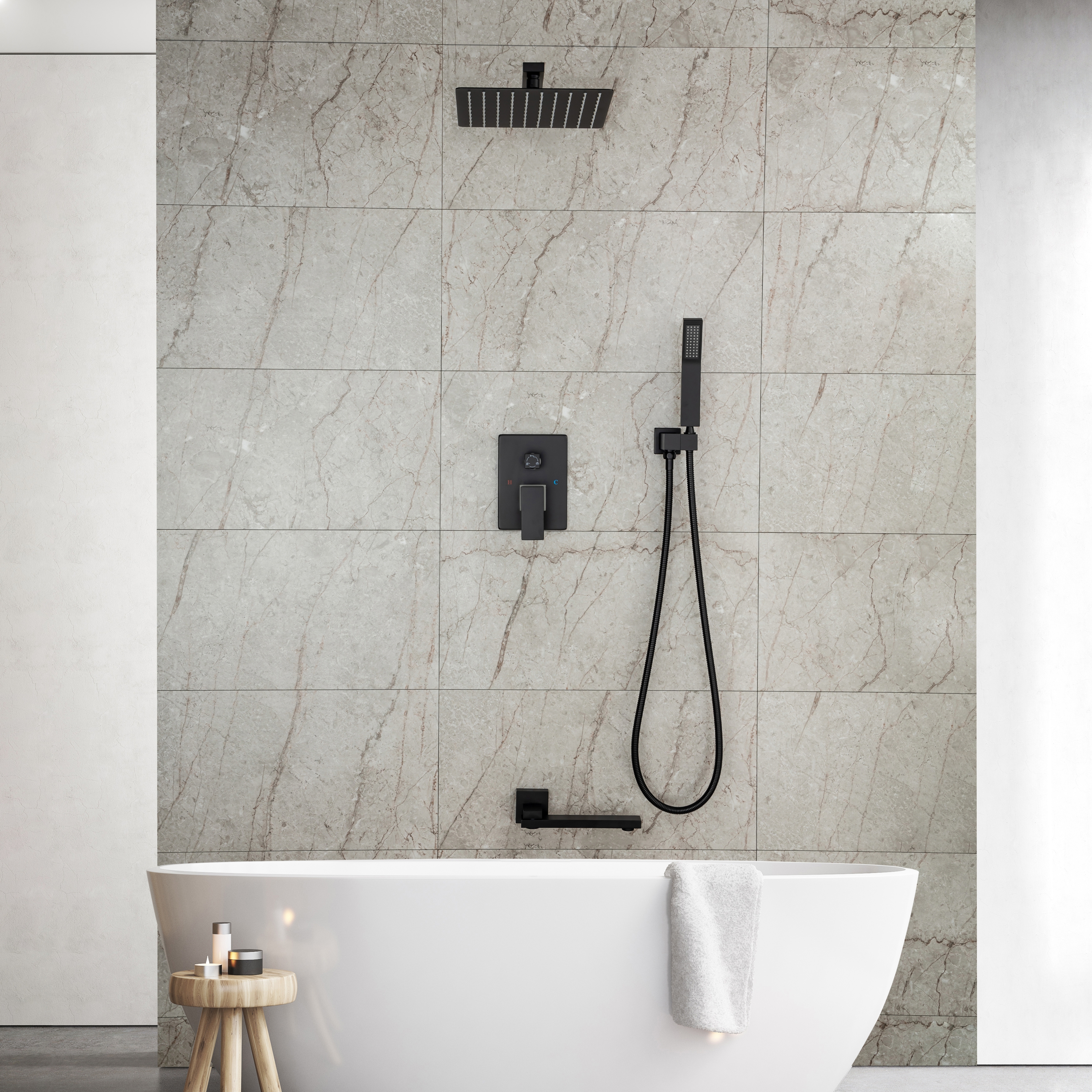 10-inch Wall-Mount Matte Black Shower System with Tub Filler
