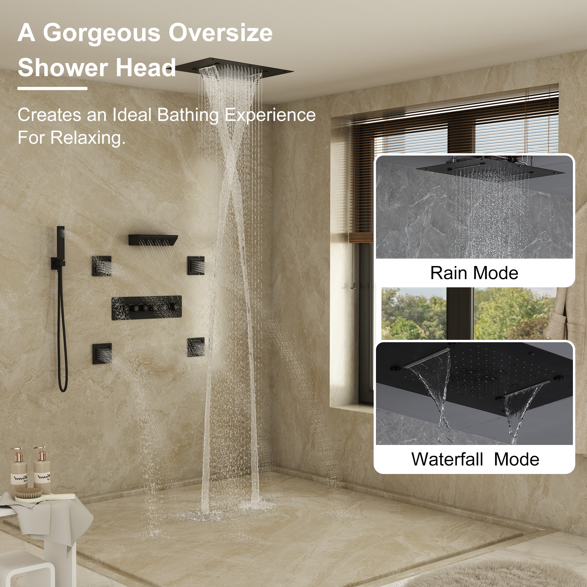 23.6" x 15.7" Ceiling-Mounted 5-Function Thermostatic Shower System with Neck/Back Massage Spout