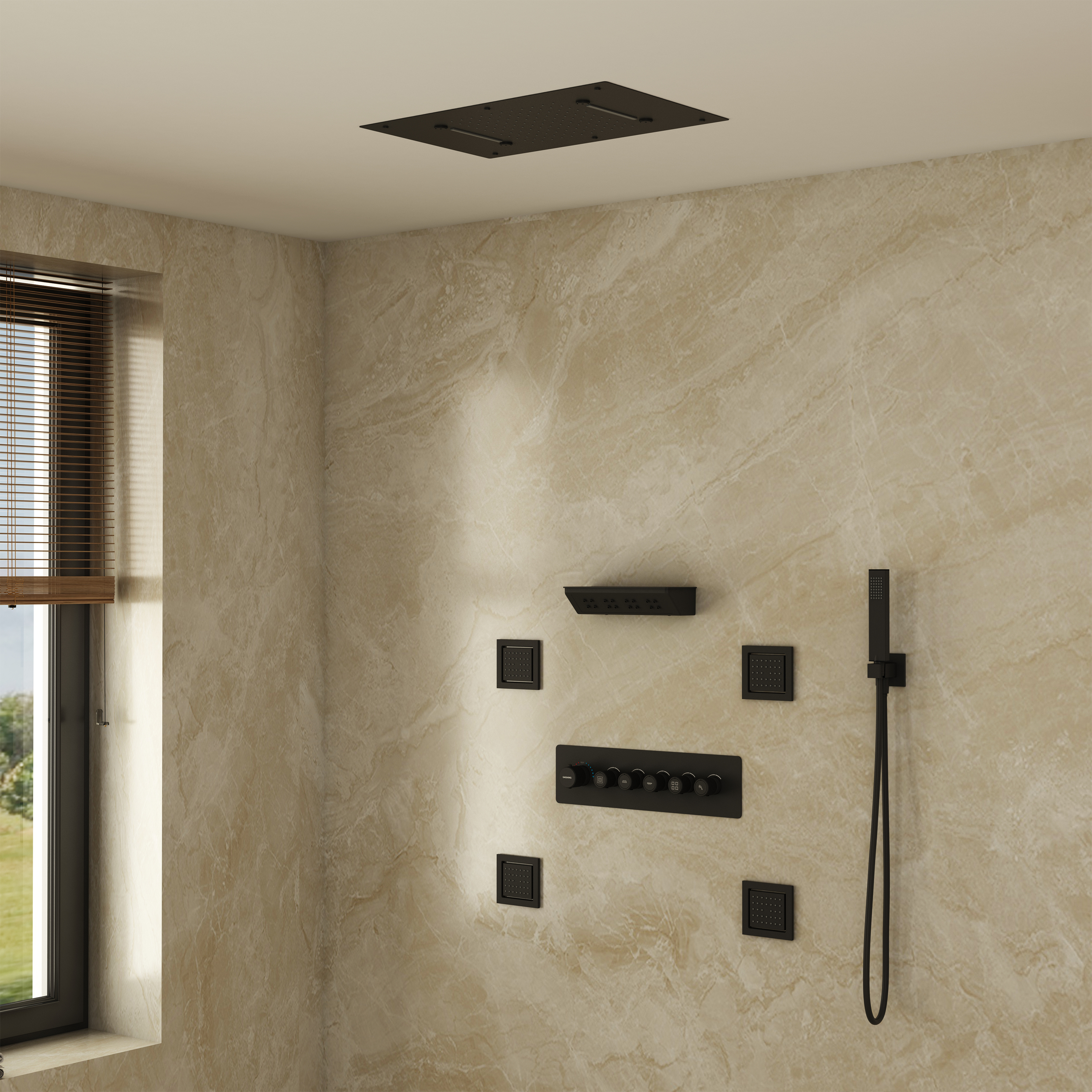 23.6" x 15.7" Ceiling-Mounted 5-Function Thermostatic Shower System with Neck/Back Massage Spout