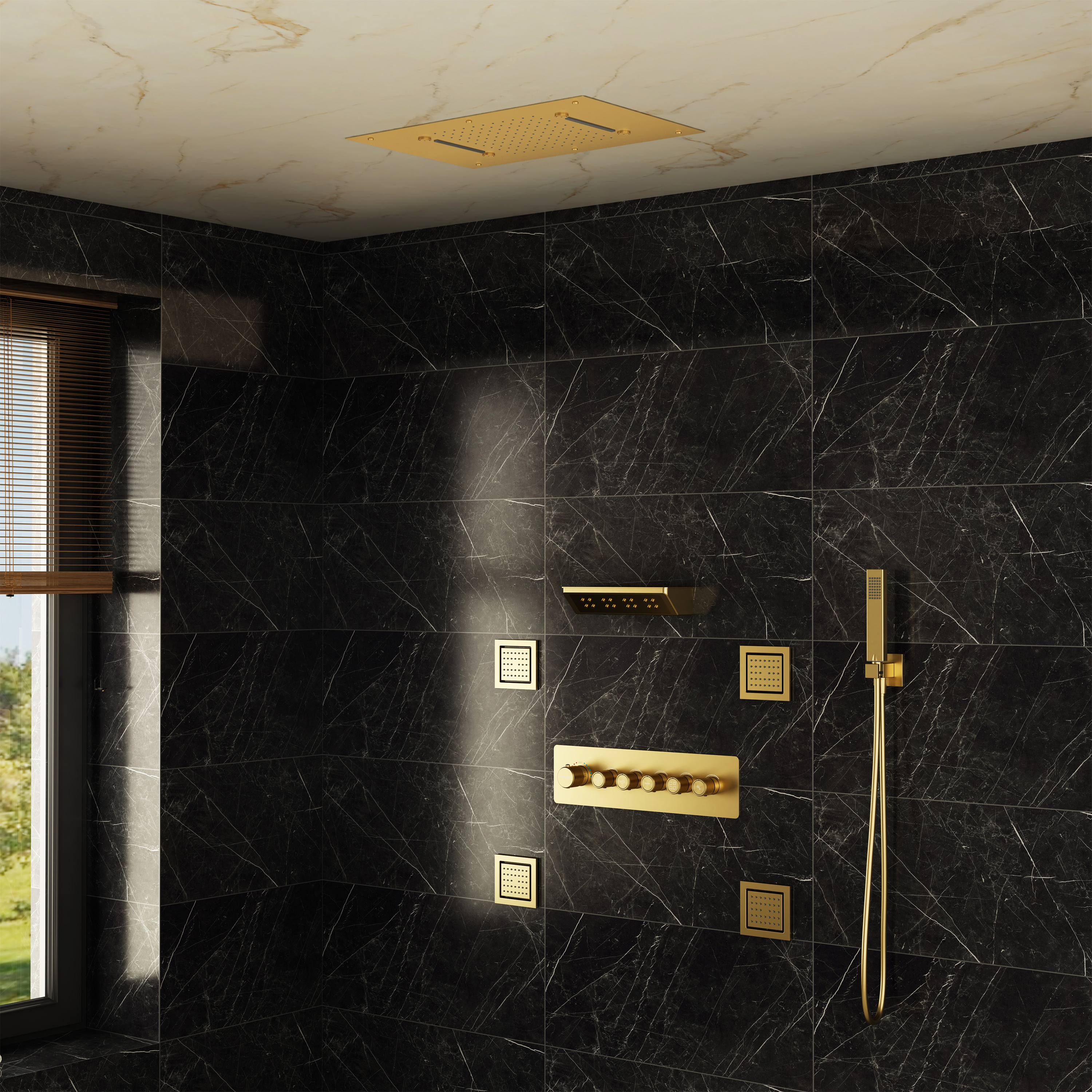 23.6" x 15.7" Ceiling-Mounted 5-Function Thermostatic Shower System with Neck/Back Massage Spout