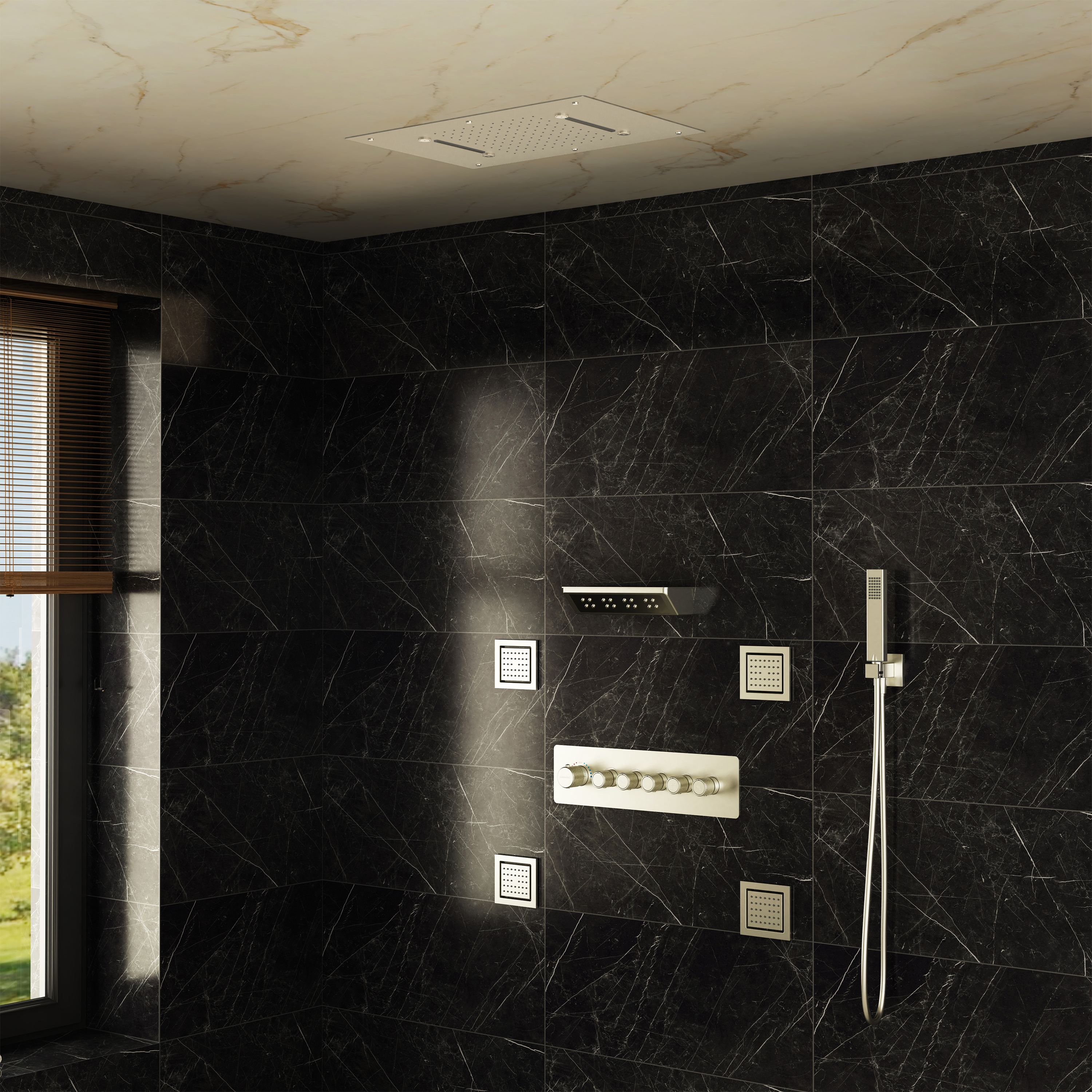 23.6" x 15.7" Ceiling-Mounted 5-Function Thermostatic Shower System with Neck/Back Massage Spout