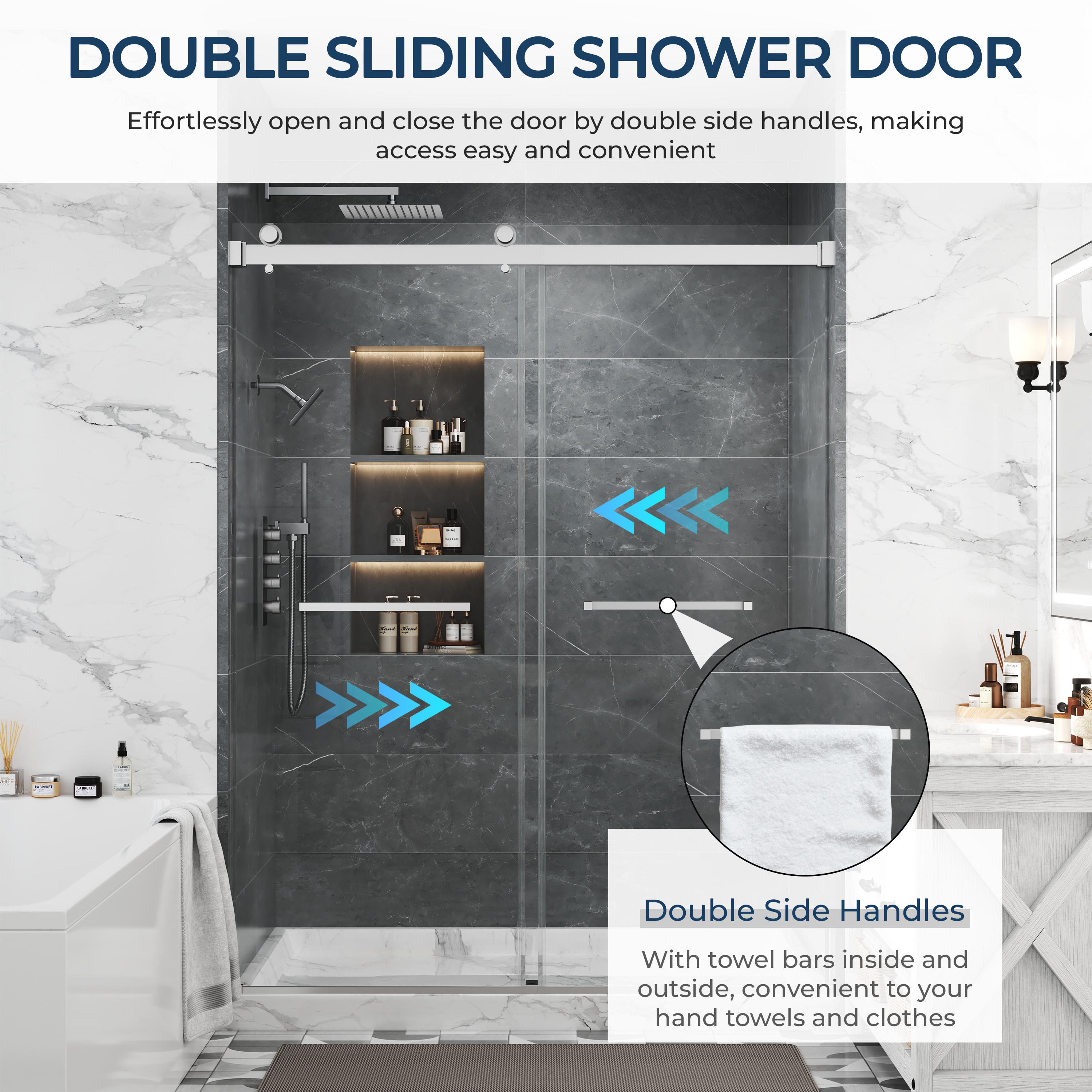 48"x76" Adjustable Frameless Double Sliding Shower Door with Towel Bars