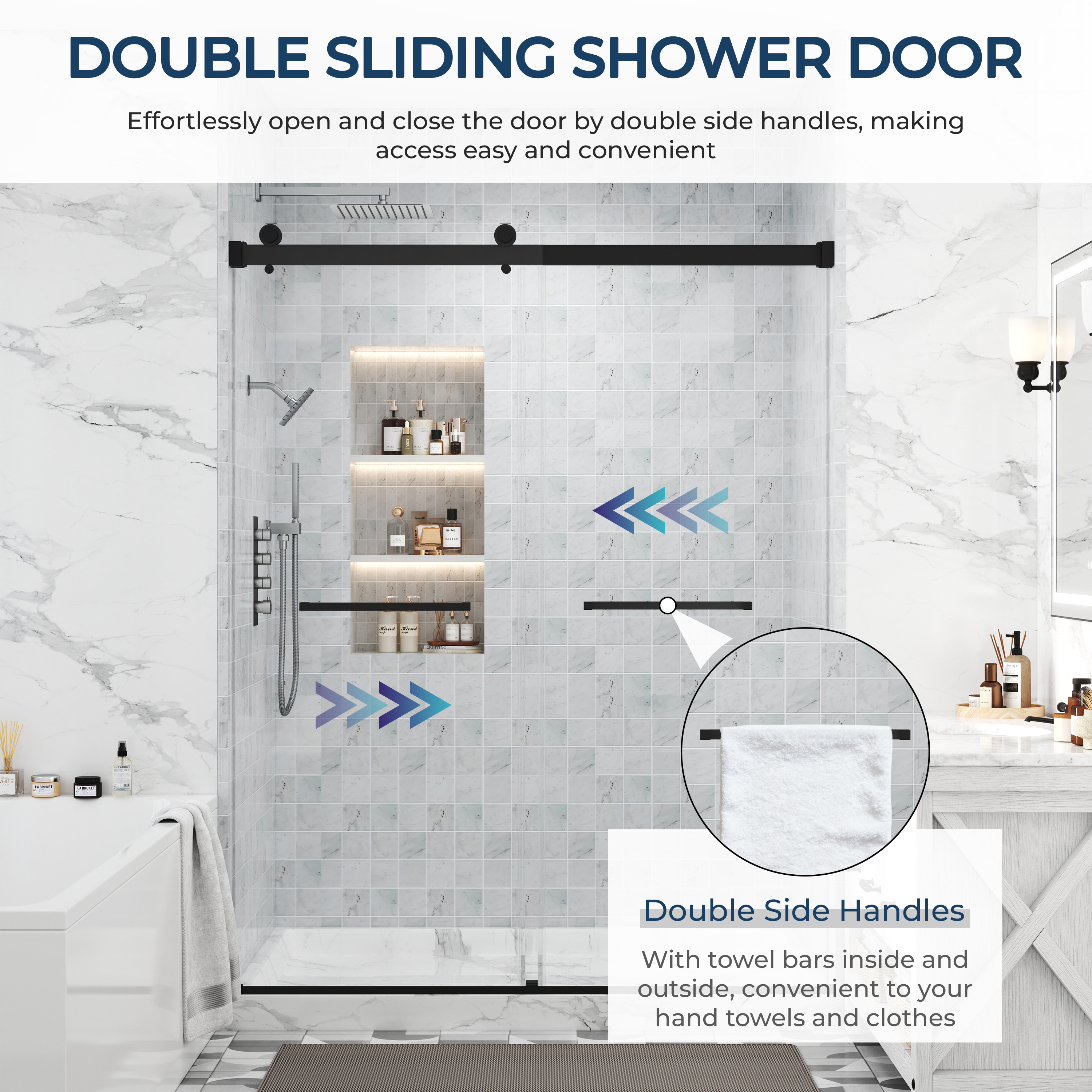 48"x76" Adjustable Frameless Double Sliding Shower Door with Towel Bars