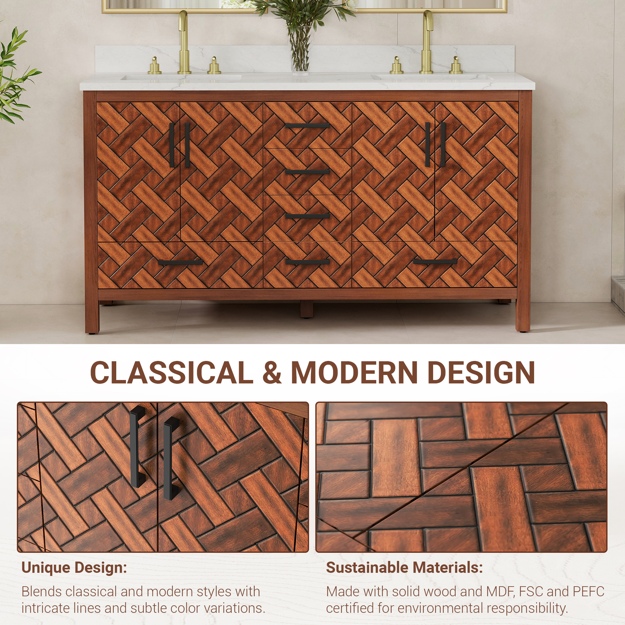 60-inch Double Sink Bathroom Vanity with Engineering Stone Top