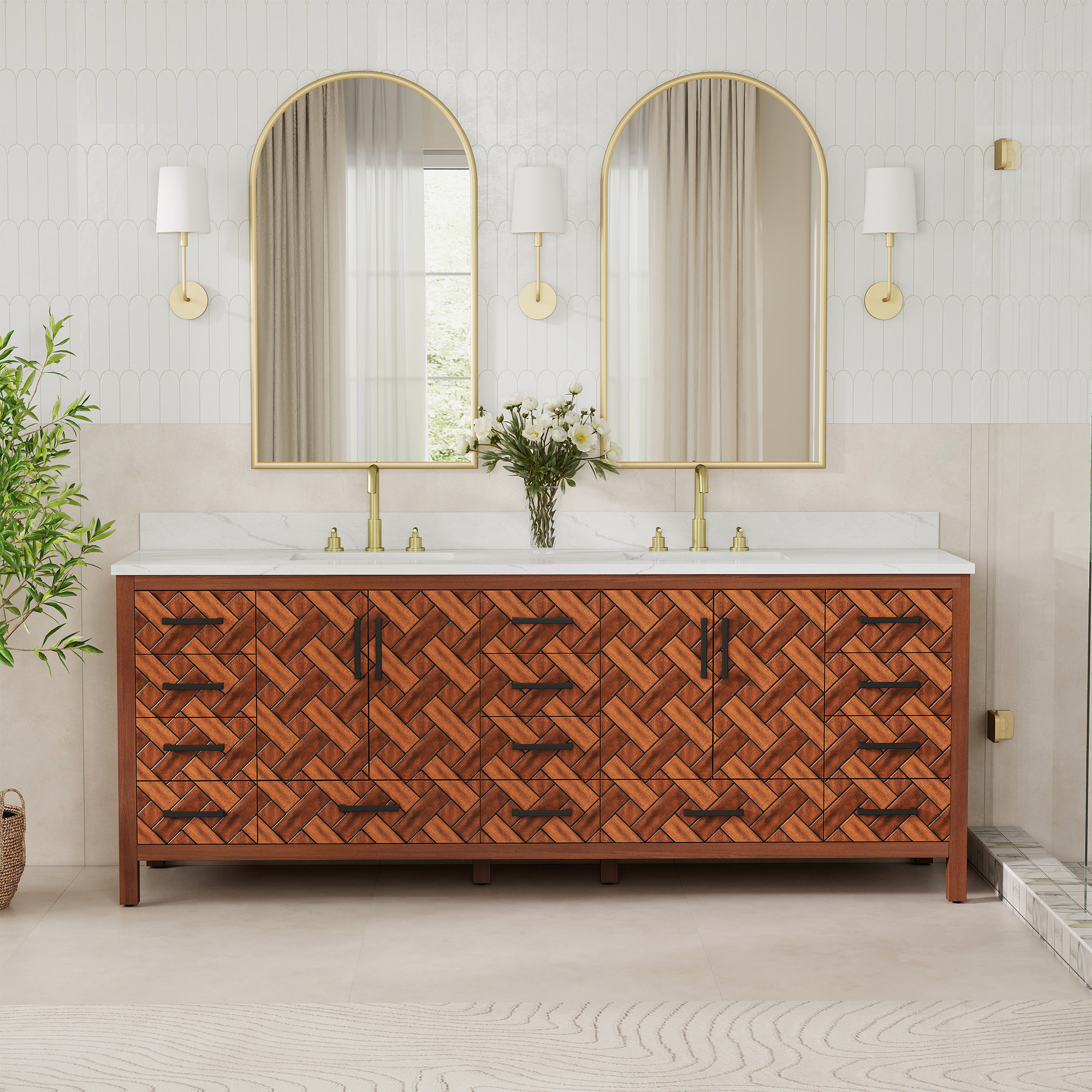 84-inch Freestanding Bathroom Vanity with Double Sink and Engineering Stone Top