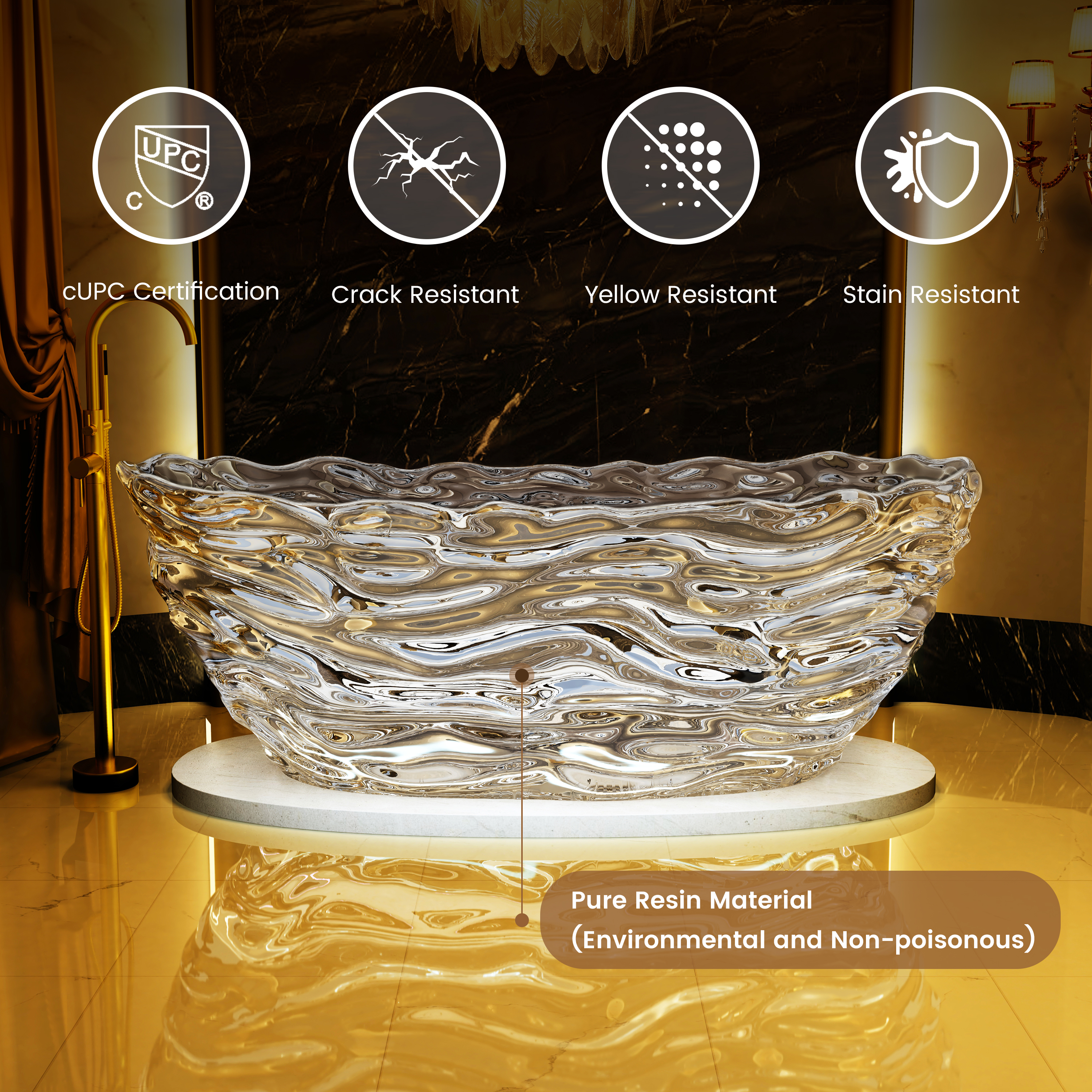 69" Sculptural Transparent Resin Freestanding Soaking Bathtub 