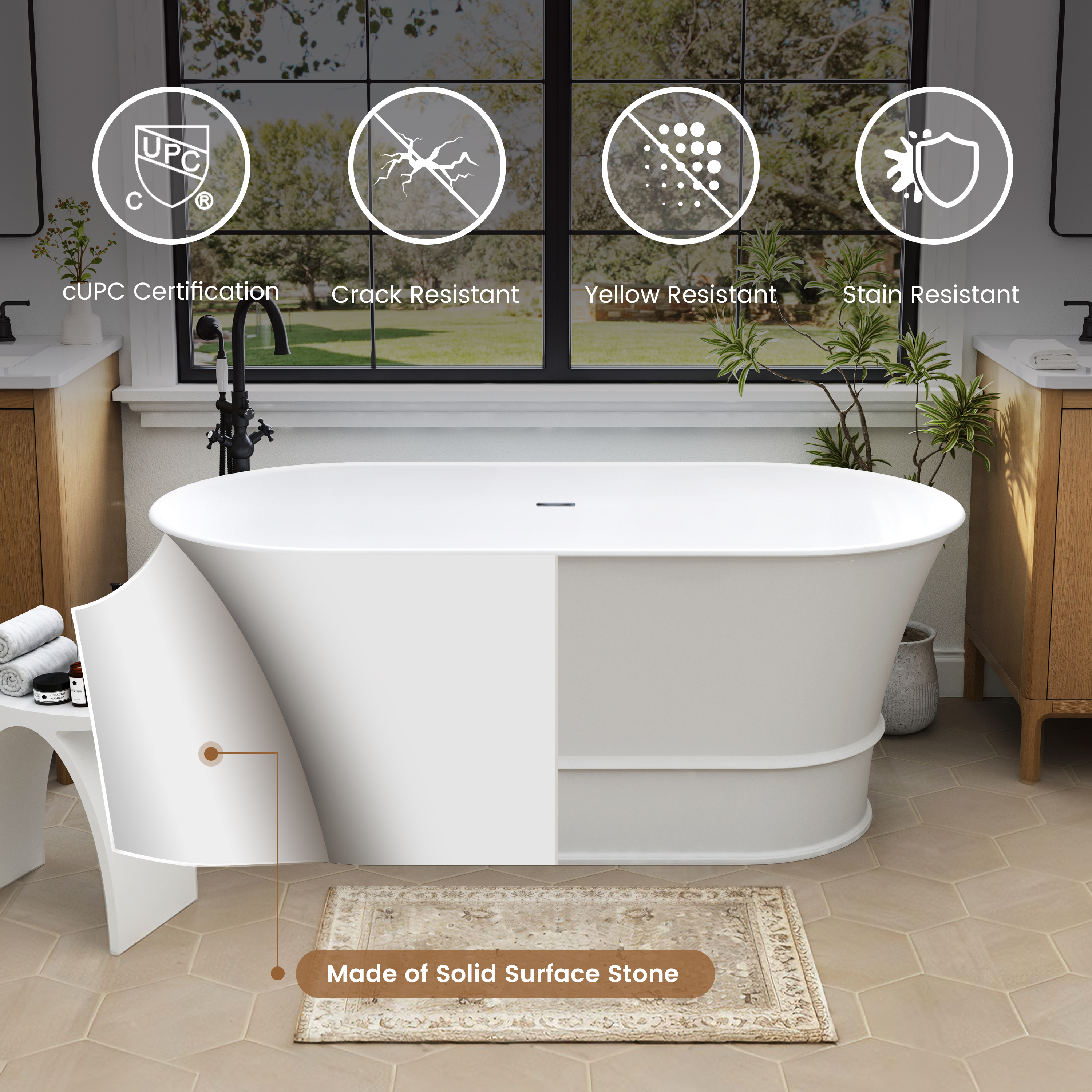 59" Matte White Solid Surface Freestanding Bathtub Oval Classic Soaking Tub