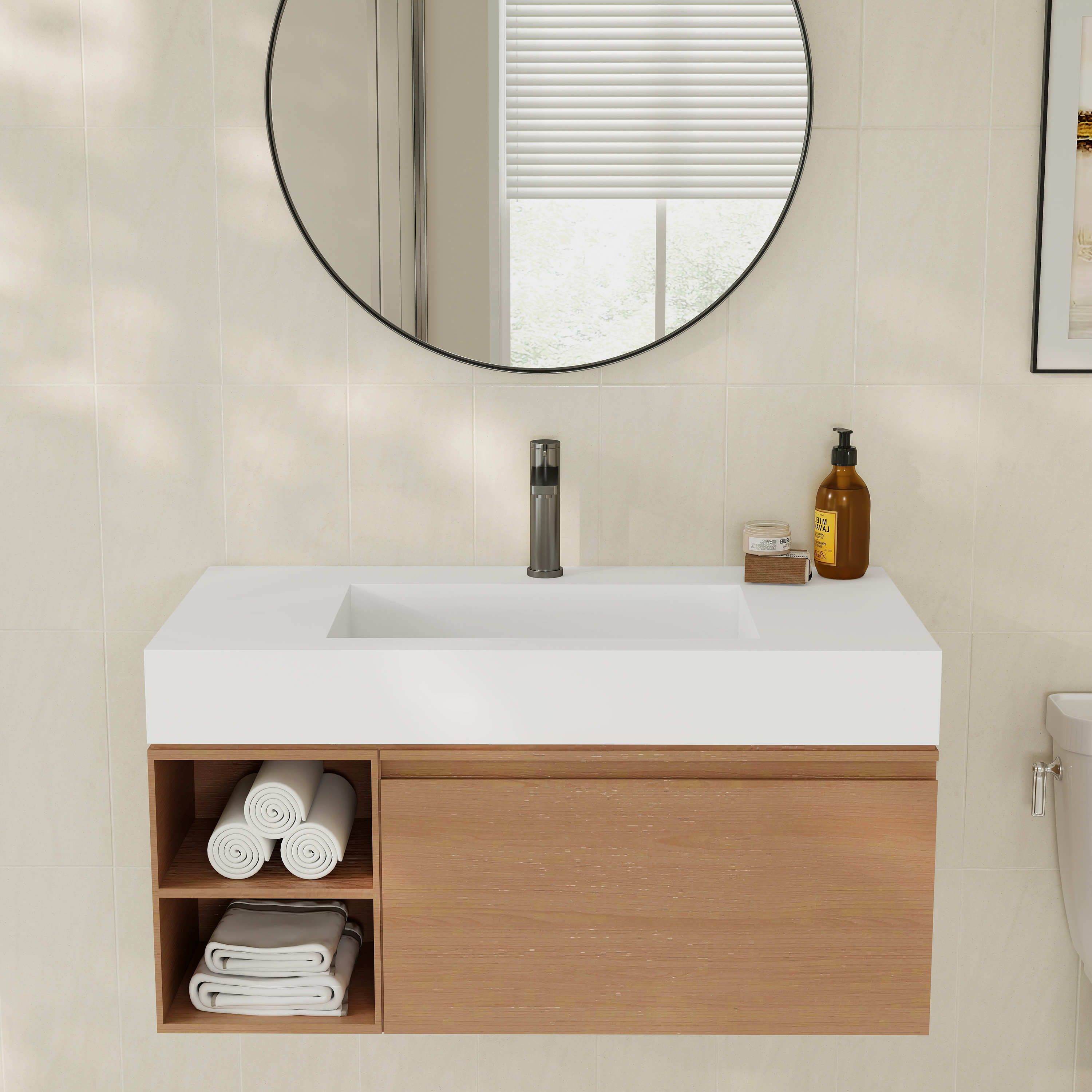 35" Solid Surface Wall Mounted Basin Sink in Matte White