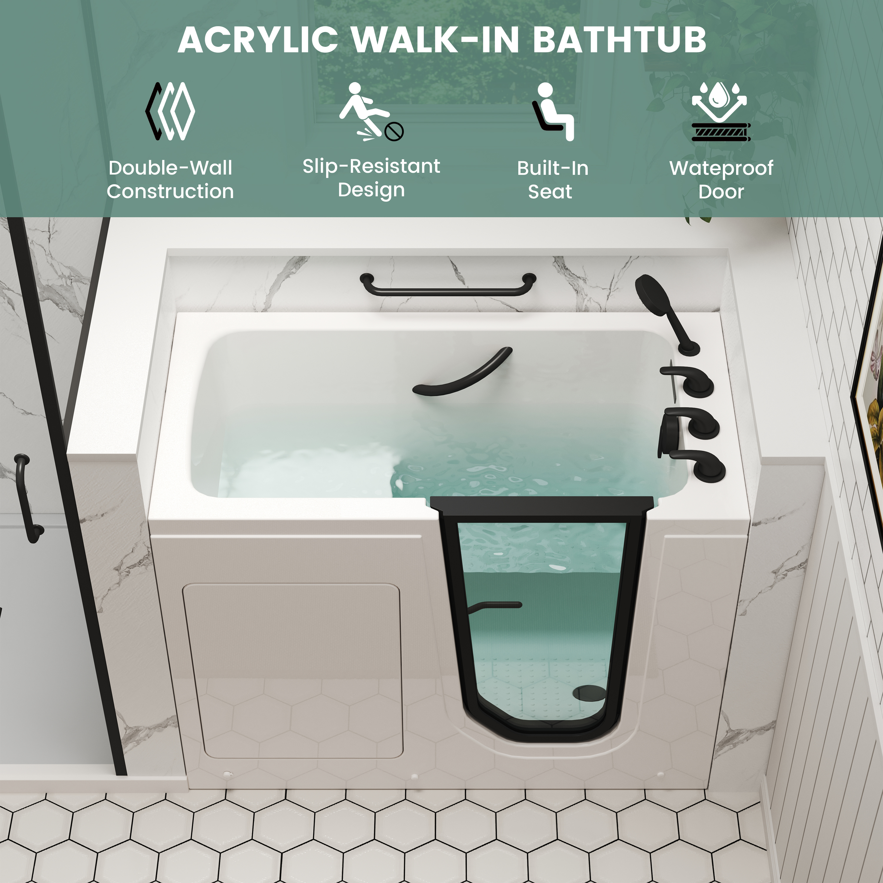 49" Glossy White Acrylic Walk-In Soaking Bathtub with High-Flow Faucet