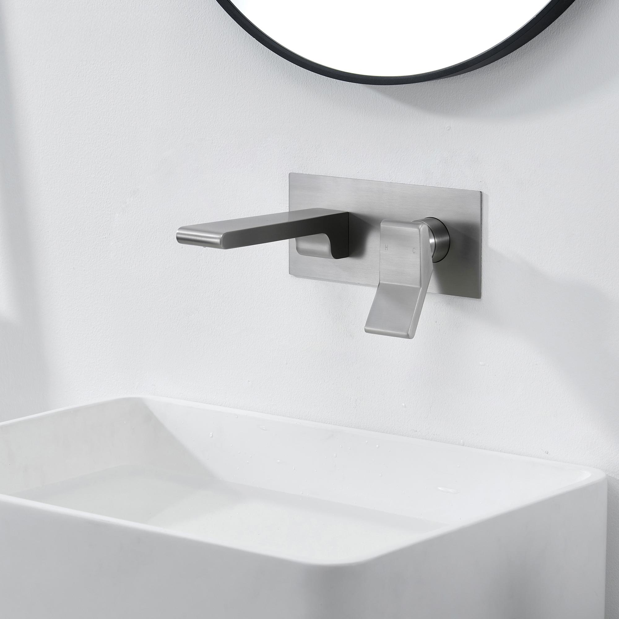 Modern Single Handle Wall Mount Bathroom Faucet with Brass Spout & Plate