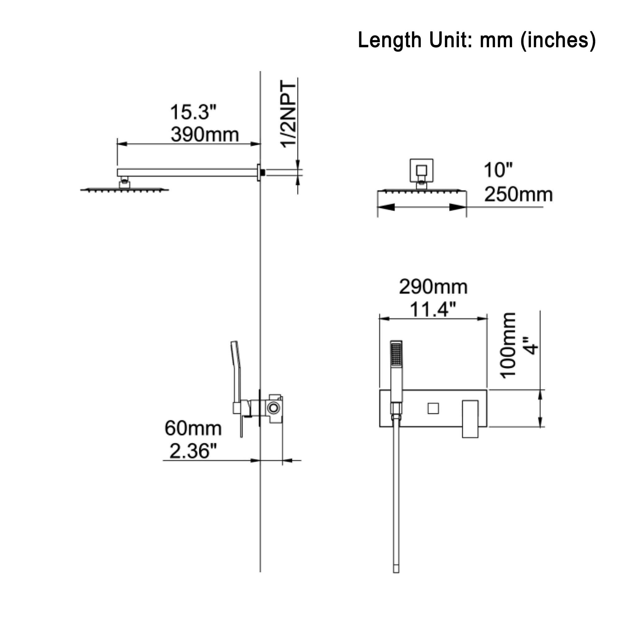 10" Wall-Mounted Shower System with Brass Handheld Spray in Matte Black
