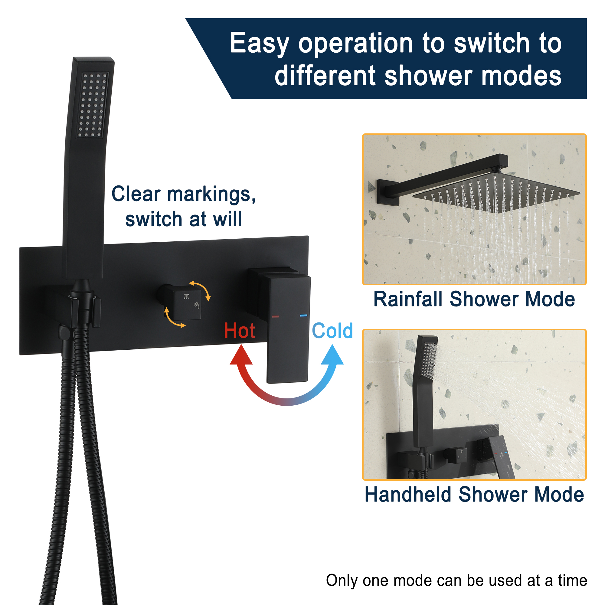 10" Wall-Mounted Shower System with Brass Handheld Spray in Matte Black