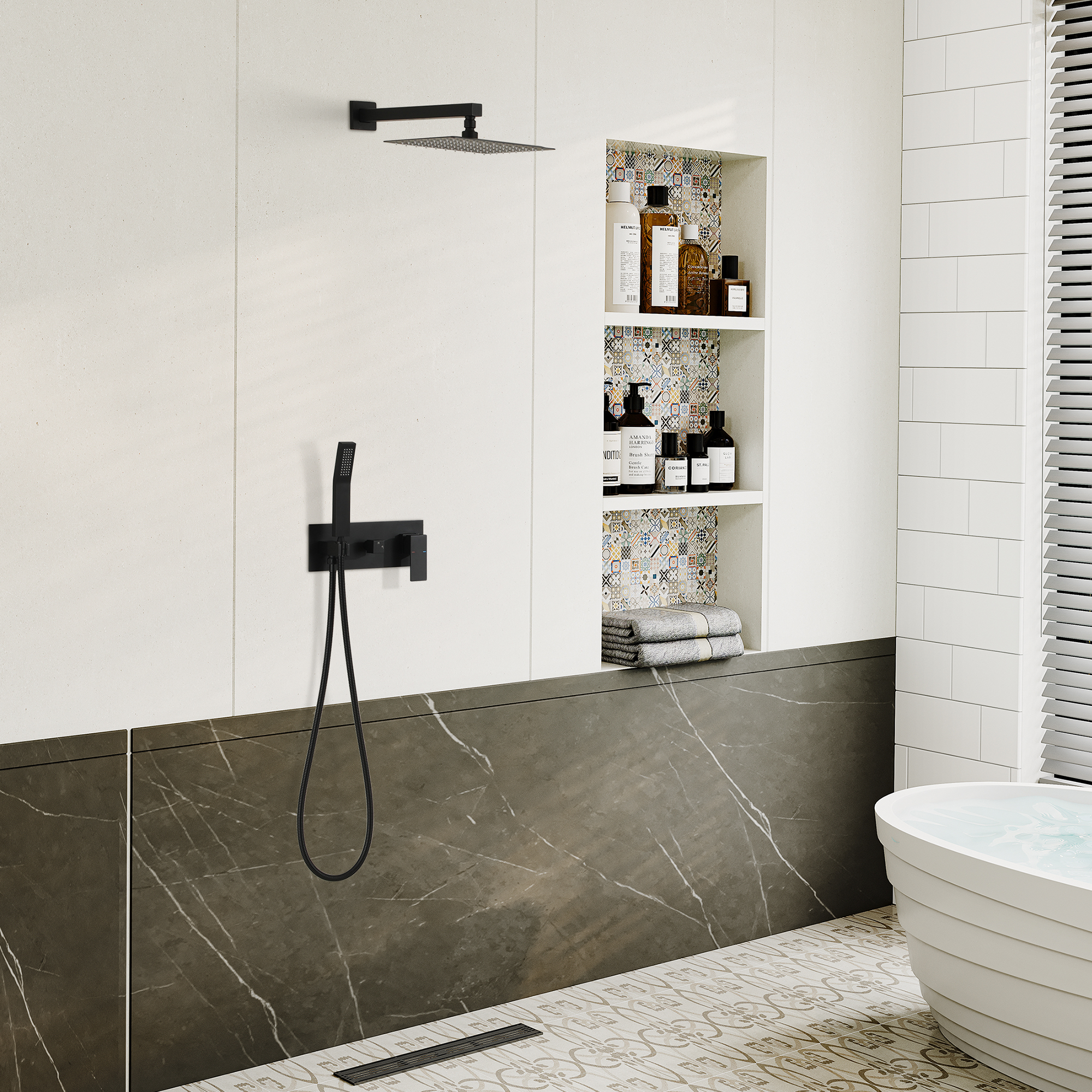 10" Wall-Mounted Shower System with Brass Handheld Spray in Matte Black