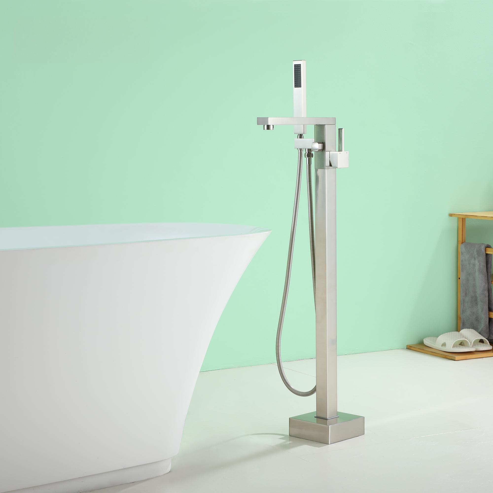 Single Handle Freestanding Tub Faucet with Hand Shower in Brushed Nickel