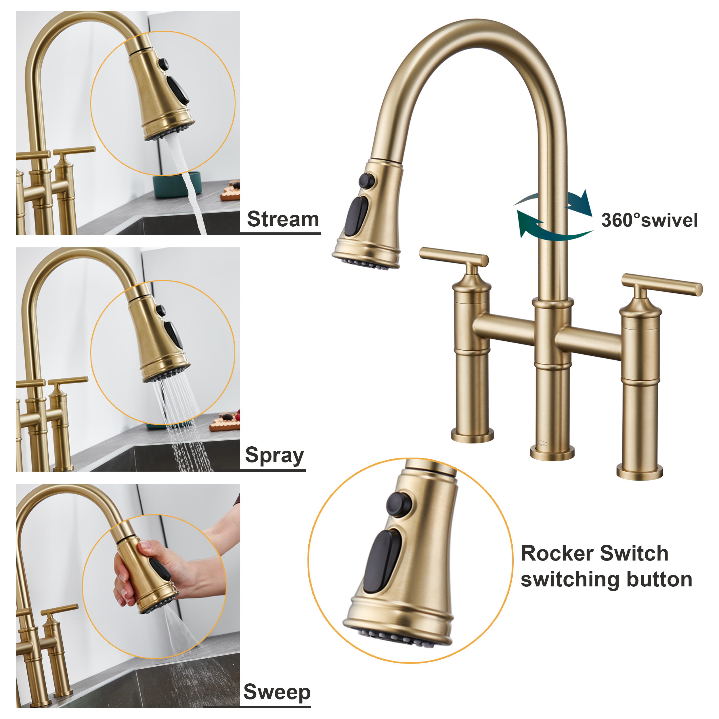 Bridge Style Pull-Down Kitchen Faucet with Double Handles & 3-Mode Spray
