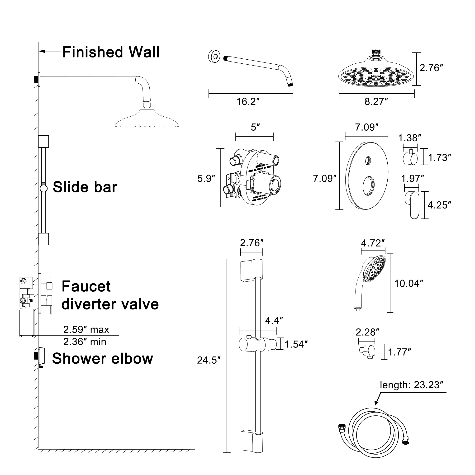 8-inch Rain Shower Head System with Pressure Balance Valve