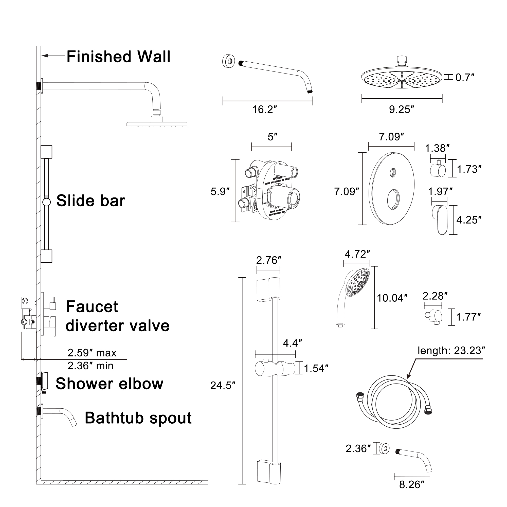 9-inch 3-Function Shower Faucet Set with Tub Spout & Slide Bar