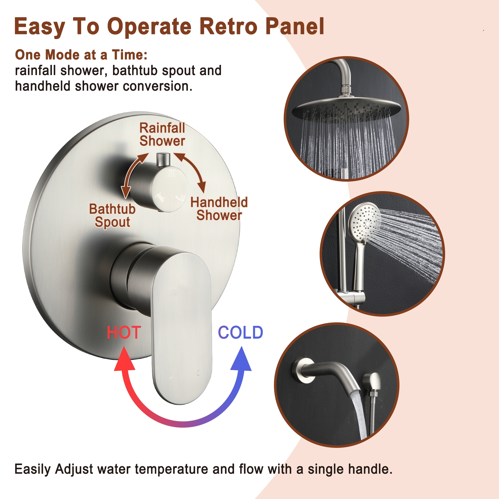 9-inch 3-Function Shower Faucet Set with Tub Spout & Slide Bar