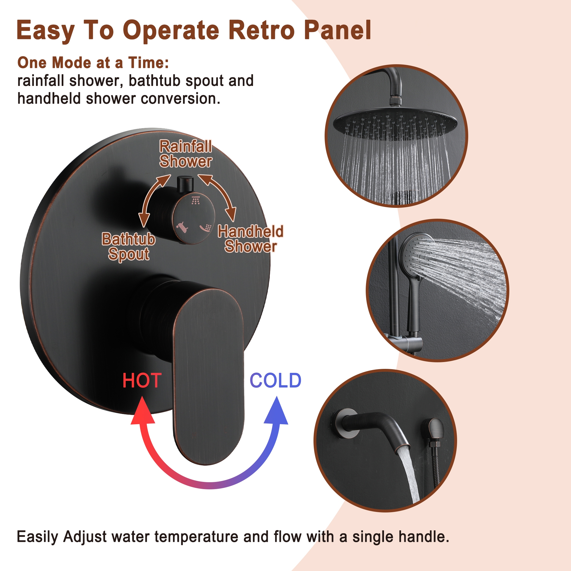 9-inch 3-Function Shower Faucet Set with Tub Spout & Slide Bar