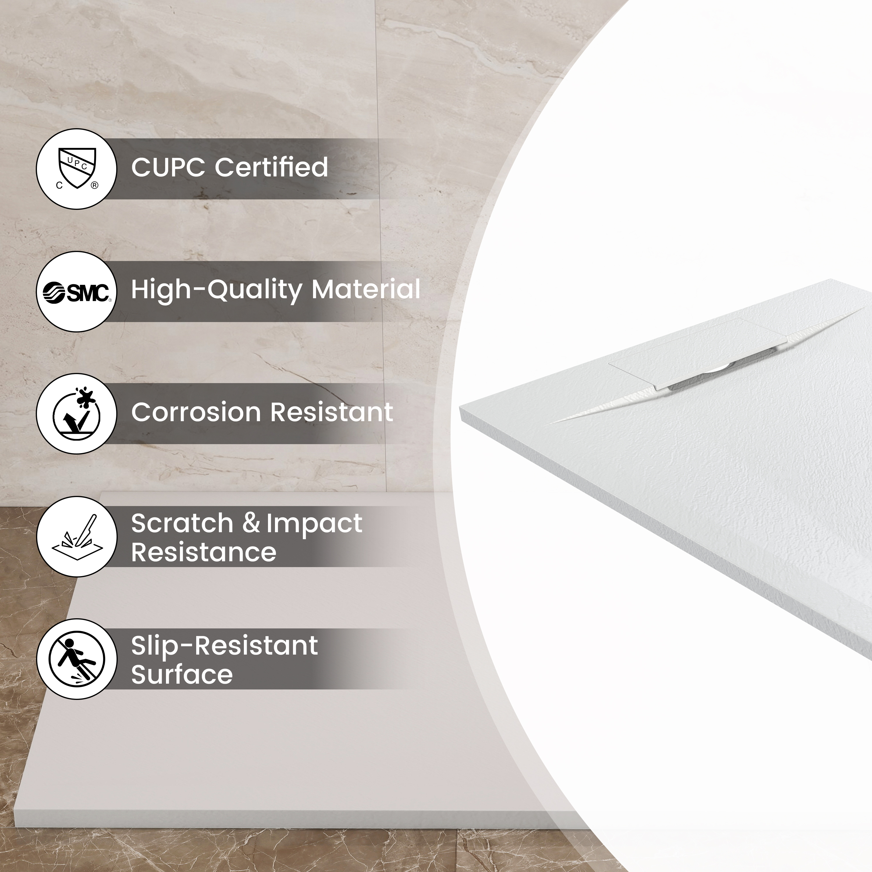 European-Style SMC Shower Base with Anti-Slip Design in Black or White