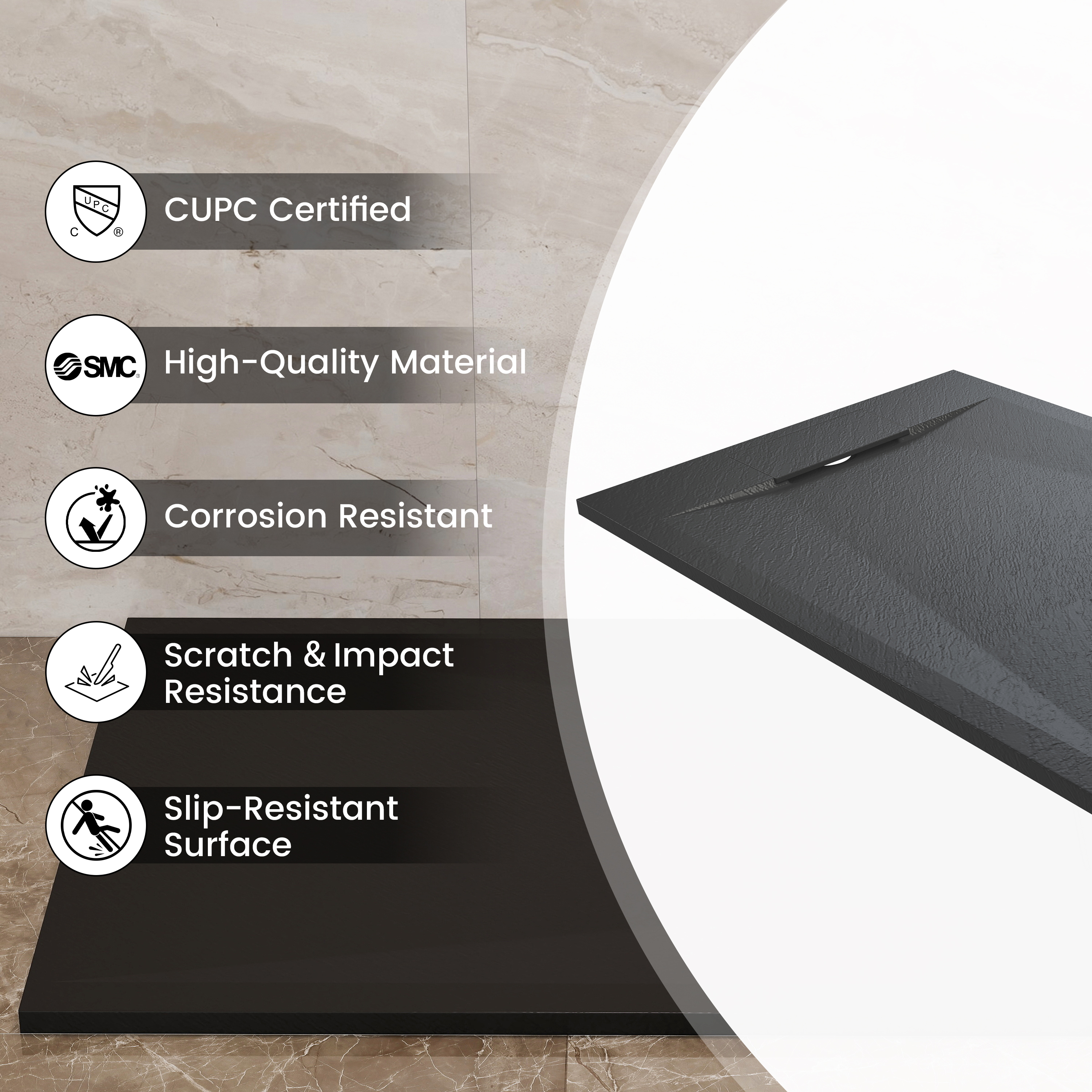 European-Style SMC Shower Base with Anti-Slip Design in Black or White